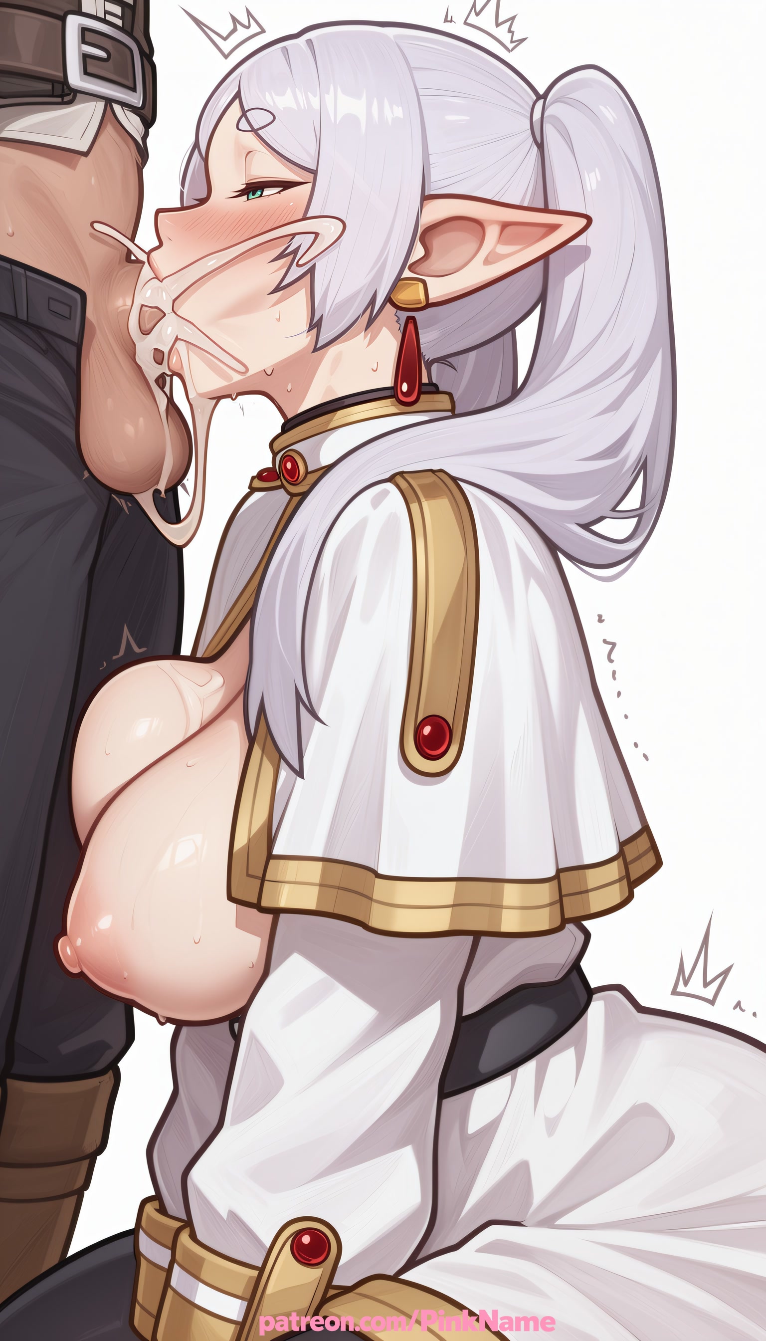 1boy, 1girl, 2026, ai generated, artist name, belt, big breasts, big chest, big tits, black pants, blowjob, blowjob face, blush, boobs, breasts, bust, busty, chest, cock, cum, cum in mouth, dick, earrings, ejaculation, elf, exposed nipples, fellatio, frieren, frieren beyond journey's end, hetero, hi res, high quality, highres, jewelry, large breasts, licking, motion lines, nipples, nipples outside, oral, oral sex, pants, patreon, patreon username, penis, pinkname, pointy ears, solo focus, sousou no frieren, sucking, surprised, tits, trembling, uncensored, watermark