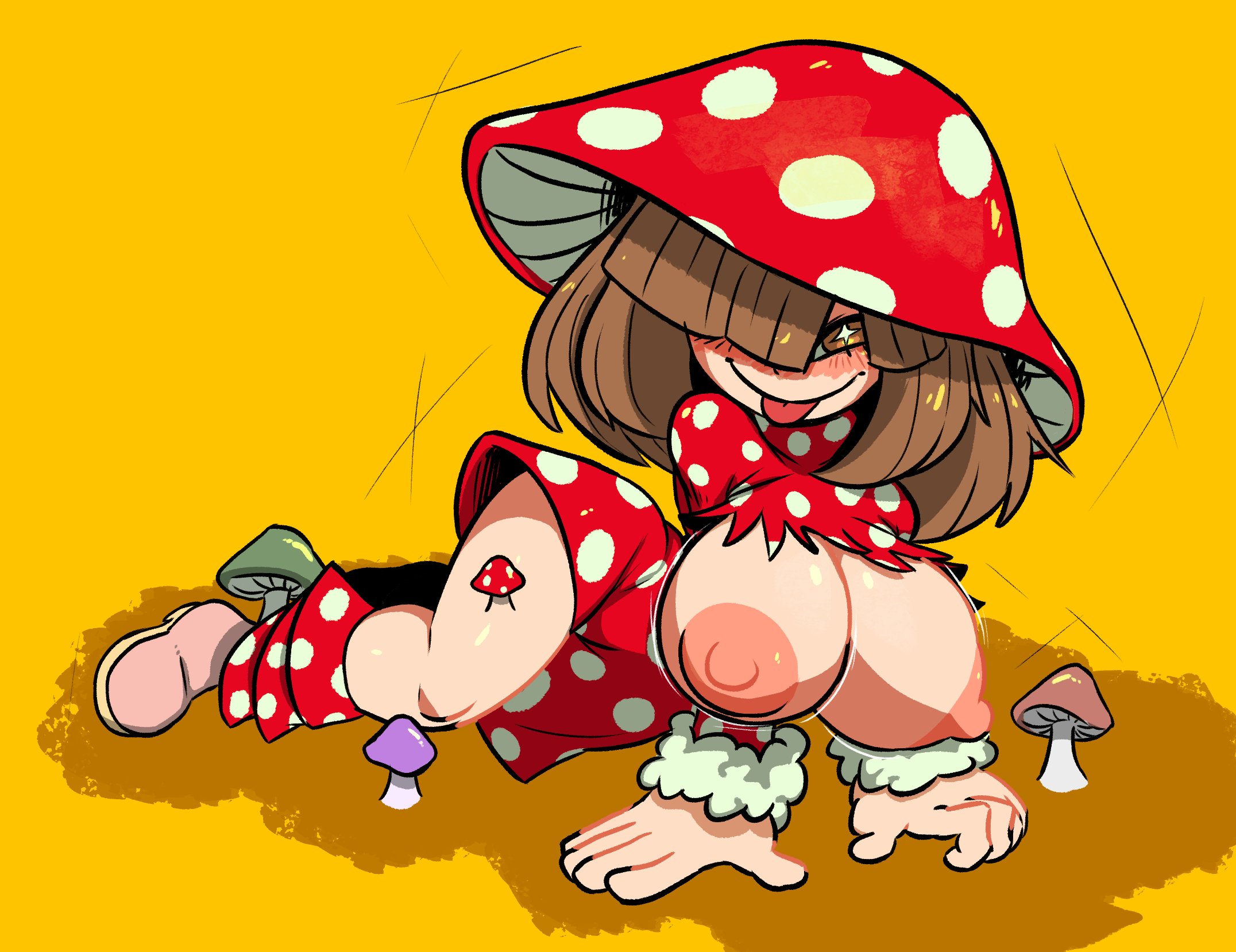 bangs over one eye, breasts out, hero outfit (mha), huge breasts, komori kinoko, looking at viewer, lustful gaze, mushroom, my hero academia, on hands and knees, ripped clothing, smiling at viewer, tongue out, unknown artist