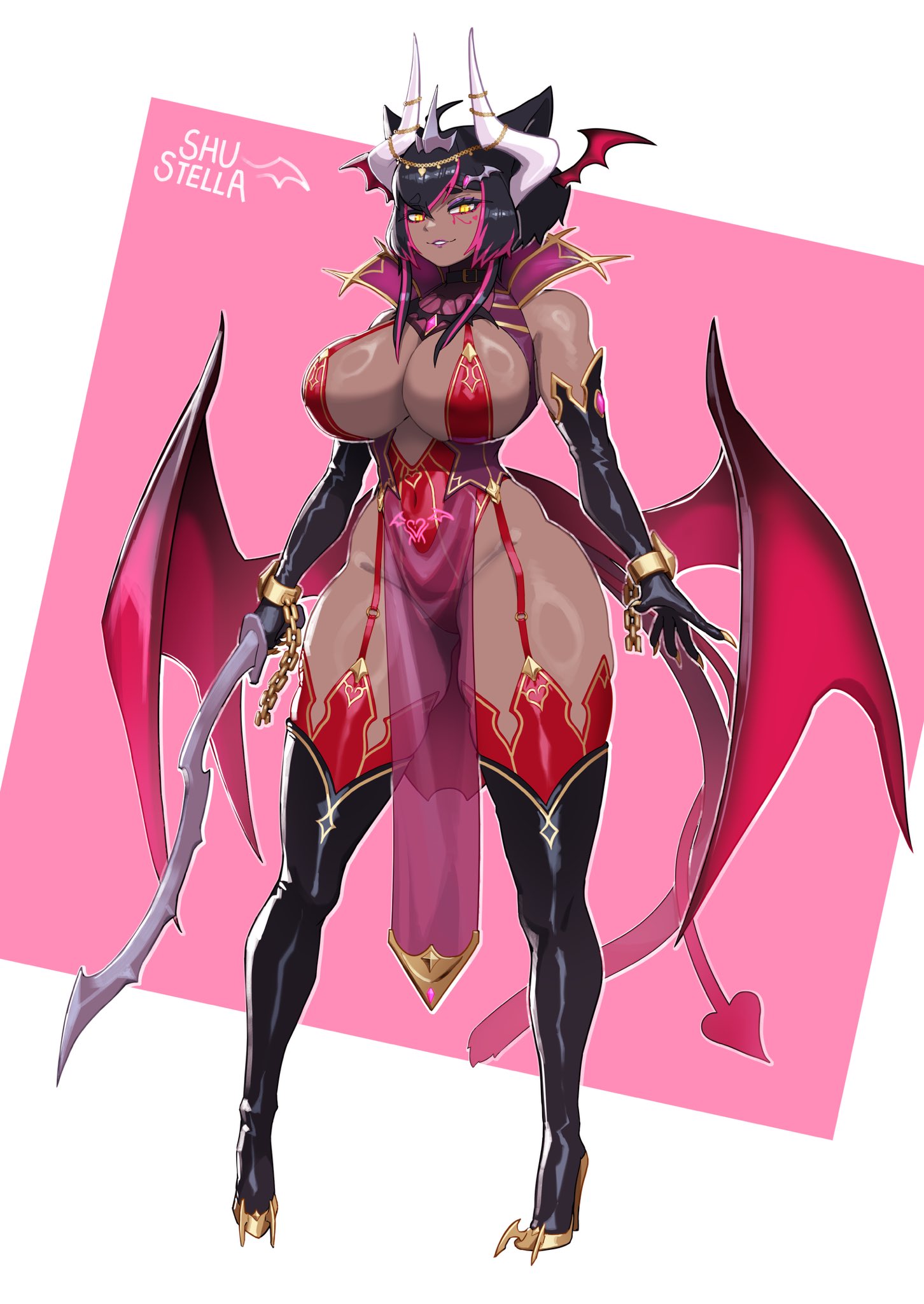 animal ears, ass, big breasts, black hair, cat ears, cat girl, character request, cleavage, copyright request, dark persona, dark skin, dark-skinned female, elbow gloves, fuck me boots, full body, garter straps, geometric background, heel boots, heels, high heel boots, high heels, hip wings, horns, inner sideboob, khopesh, looking at viewer, mtf transformation, pelvic curtain, pink background, rule 63, shu stella, sickle sword, sideboob, simple background, spade tail, standing, succubus, succubus horns, succubus wings, sword, thick thighs, thighhighs, transformation, transformed, weapon, white background, wide hips, yellow eyes