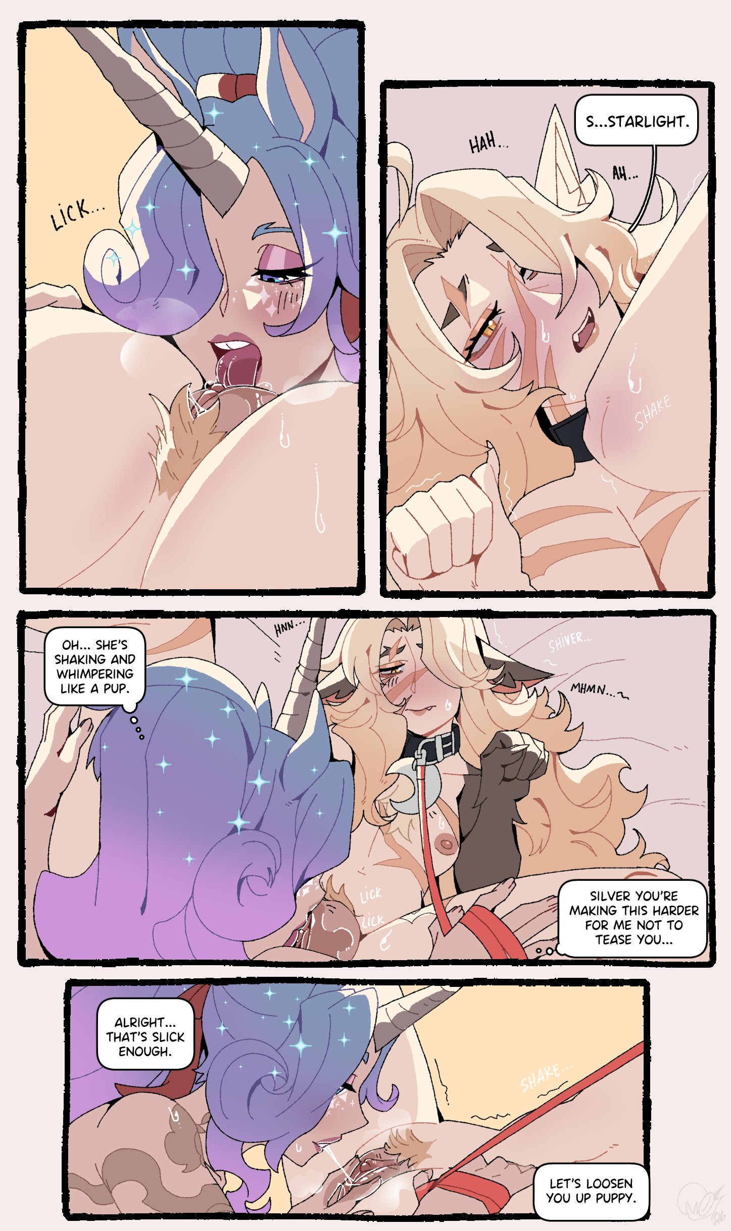 begging, blonde hair, blush, blushing, celeste (deadlock), collar, comic, cunnilingus, deadlock, eating pussy, leash, mixief, moan, moaning, pubic hair, purple eyes, purple hair, scar, scars, shivering, silver (deadlock), speech bubble, sweat, tattoo, tattoos, teasing, teasing partner, teasing pussy, text, thought bubble, unicorn, valve, werewolf, wet, wet pussy, whimper, whimpering, whining, yellow eyes, yuri