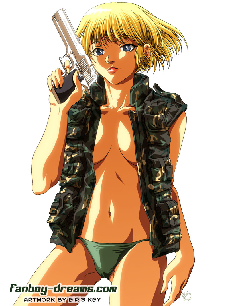 blonde_hair blue_eyes blue_gender eiris_key female gun marlene_angel open_clothes open_shirt pistol shirt short_hair solo weapon