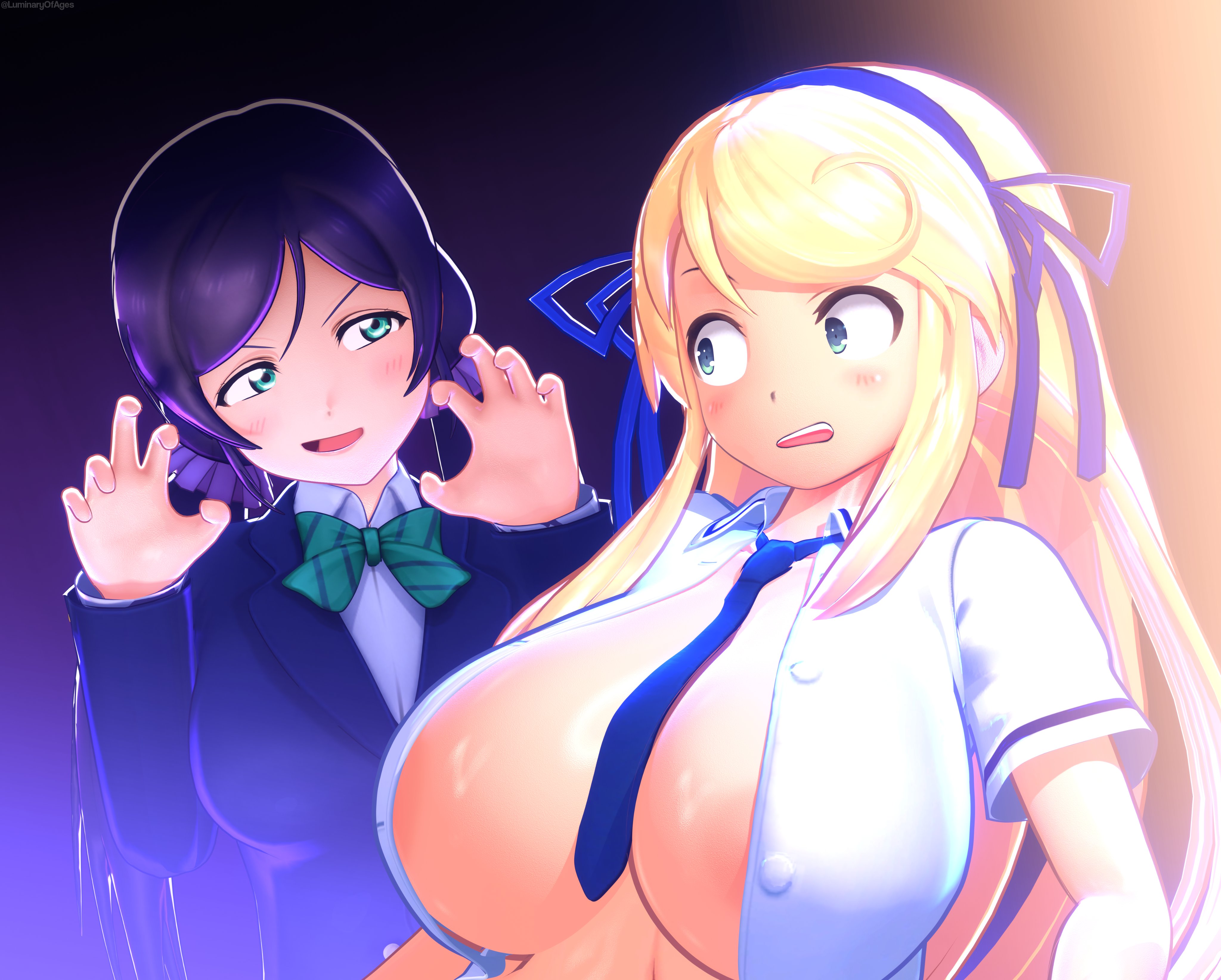 2girls, 3d, 3d (artwork), absurd res, blender, blonde hair, breasts, crossover, female, female only, hi res, katsuragi (senran kagura), light-skinned female, love live!, luminaryofages, marvelous, purple hair, senran kagura, toujou nozomi