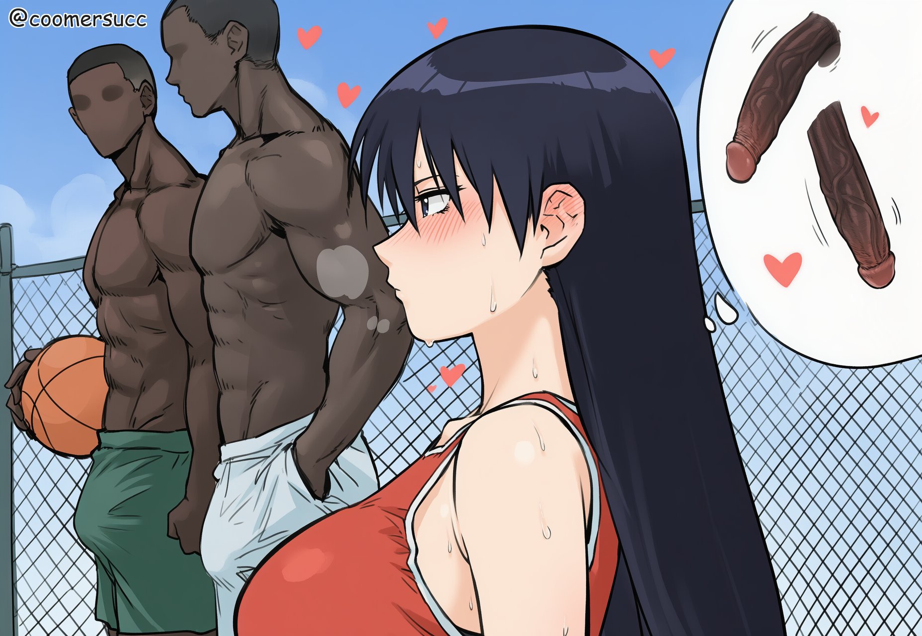 1girls, 2026, 2boys, abs, ai generated, aroused, athletic, azumanga daiou, basketball, basketball court, black hair, blush, bulge, bulge through clothing, bulge under clothes, clothed, clothed female, clothed male, coomersucc, dark skin, dark-skinned male, gym shorts, heart, heart symbol, hearts, huge cock, imagining, interracial, large breasts, large penis, light skin, light-skinned female, long hair, muscular, muscular male, neutral expression, outdoors, penis, sakaki, sports bra, sportswear, sweat, sweating, sweaty, thinking, thought bubble, watermark