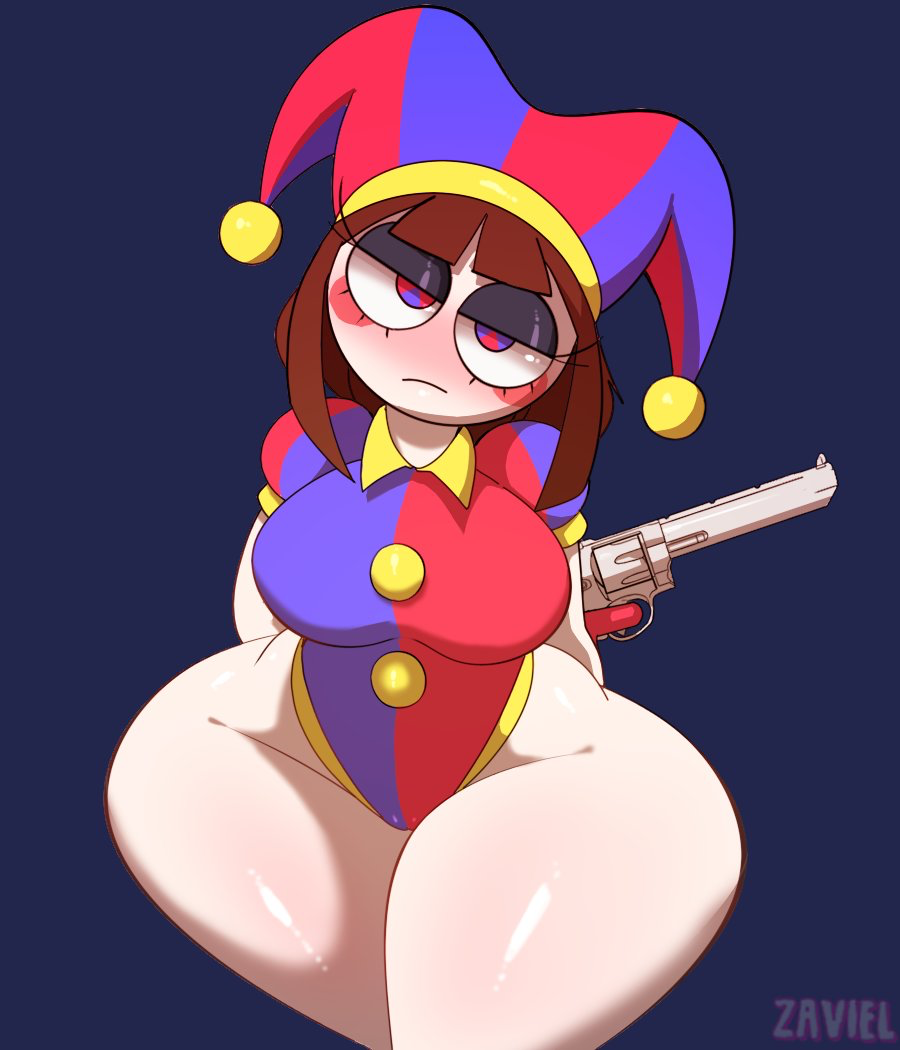 1girls, clothing, female, female only, female thick thighs, firearm, fortnite, gun, handgun, holding, holding gun, human, jester, jester hat, jester outfit, looking at viewer, nonsexual, pale skin, pomni (the amazing digital circus), solo, solo female, the amazing digital circus, weapon, zaviel
