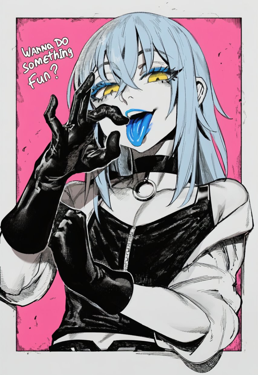 1boy, 1other, 2026, 2d, absurd res, absurd resolution, absurdres, ai generated, androgynous, black choker, blue hair, blue tongue, border, brutus (artist), choker, collarbone, colored tongue, english text, fellatio gesture, gloves, hair between eyes, hi res, high quality, high resolution, highres, image, jacket, long hair, looking at viewer, male focus, open mouth, pink background, rimuru tempest, smile, solo, tensei shitara slime datta ken, that time i got reincarnated as a slime, tongue, tongue out, upper body, yellow eyes