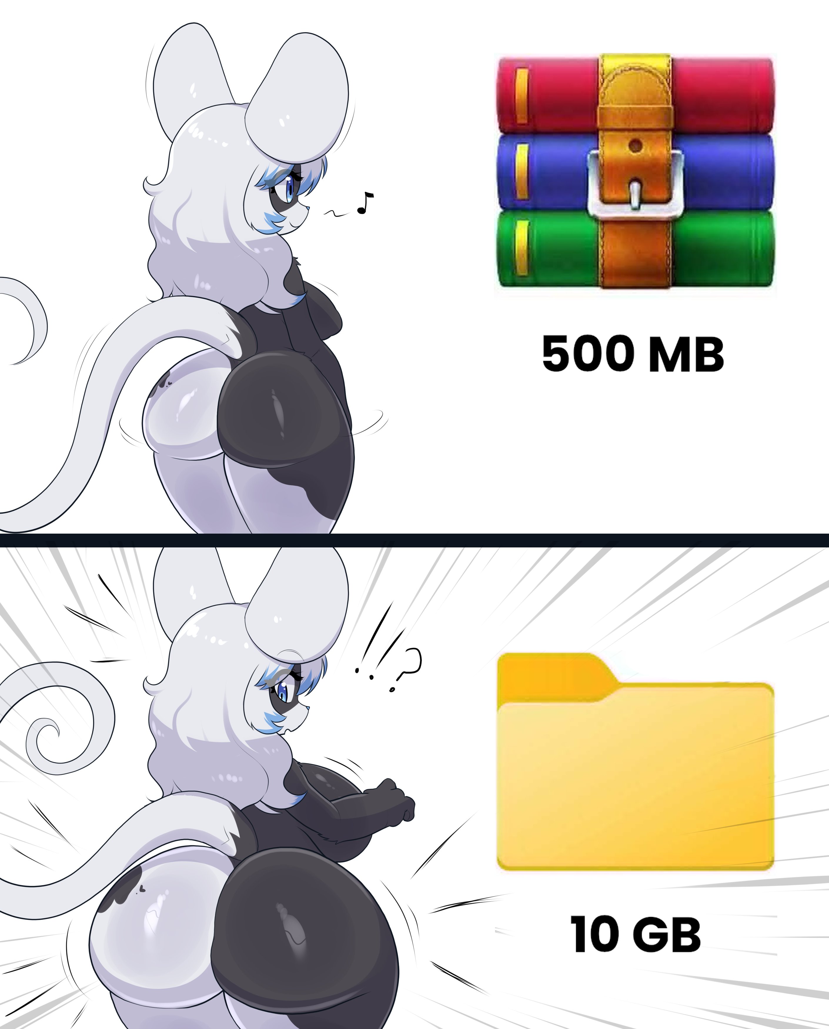1girl, ass, before and after, big ass, decompressed file meme, female, female only, long hair, meme, mouse, mouse ears, mouse tail
