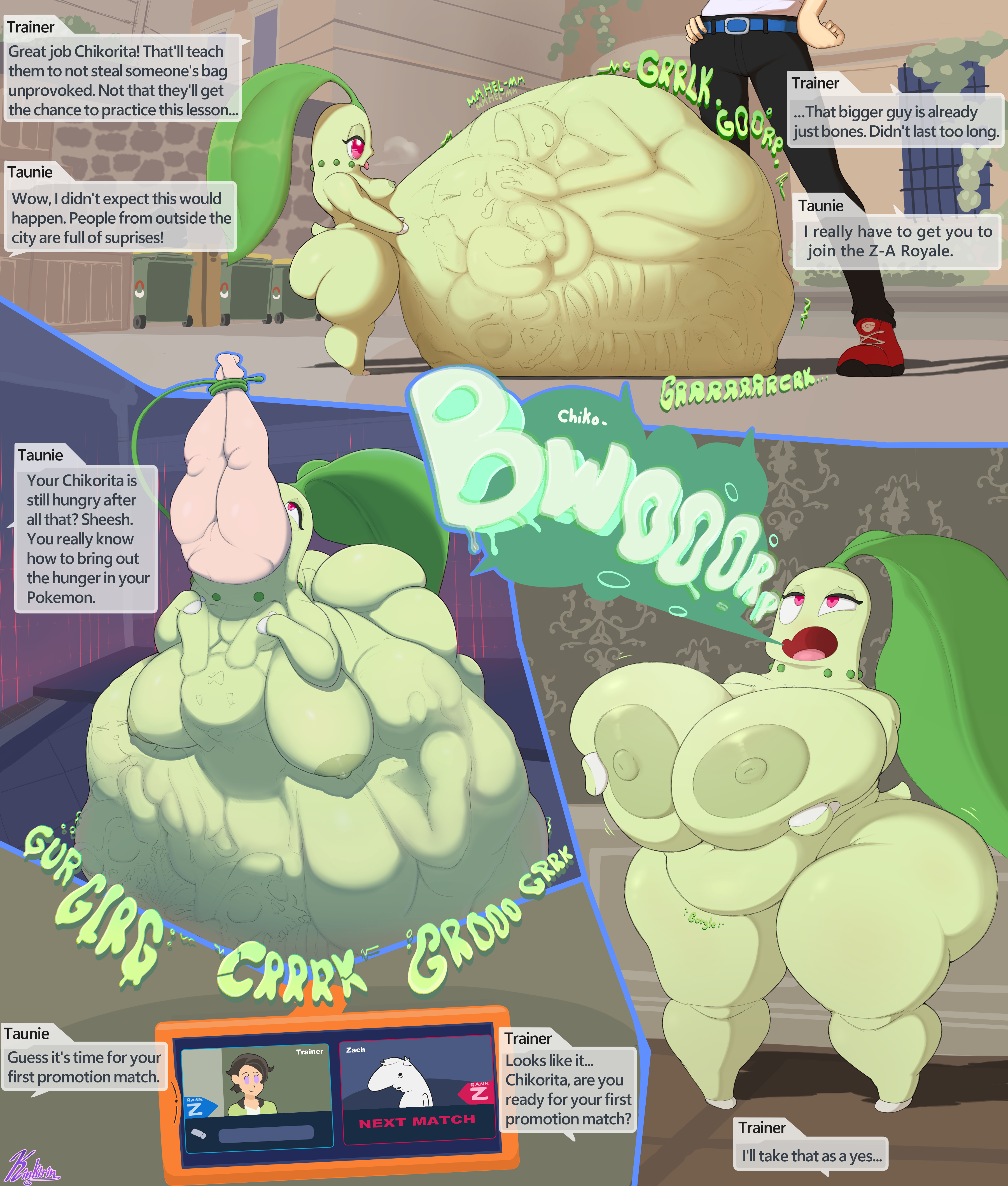 2026, absurd res, ambiguous gender, anthro, anthro pred, anthrofied, areola, belly, big belly, big breasts, big butt, biped, bone imprints, bottomwear, breast expansion, breasts, burping, butt, chicorita, chikorita, clothed, clothing, comic, detailed background, dialogue, digestion, digestion noises, digital drawing (artwork), digital media (artwork), duo, english text, expansion, eye roll, eyebrows, eyelashes, faceless character, faceless human, fatal vore, feet, female, female pred, female prey, fingers, footwear, front view, fully clothed, generation 2 pokemon, genitals, green body, head first, hi res, holding breast, huge belly, huge breasts, huge butt, huge thighs, human, human prey, hyper, hyper belly, imprint, kinkirin, kyouya (pokemon), leaf, male, mammal, monotone body, nintendo, nipple dip, nipples, nude, nude female, offscreen character, onomatopoeia, open mouth, oral vore, outside, pants, paxton (pokemon), pokemon, pokemon (species), pokemon legends: z-a, pokemon trainer, red eyes, shoes, side view, signature, solo, solo focus, sound effects, speech bubble, standing, swallowing, tail, text, thick thighs, tongue, tongue out, vore, vulva, weight gain, zach hadel