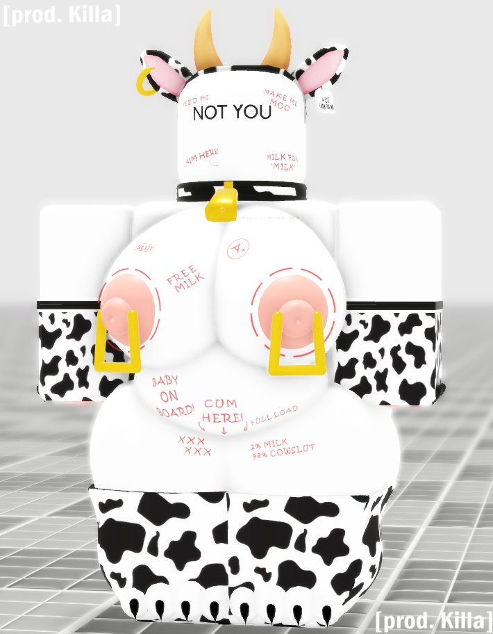 1girl, 3d, 3d render, anthro, baseplate, cow ears, cow horns, cowgirl, cum target, ear tag, english text, exposed breasts, female, huge breasts, huge nipples, huge thighs, hyper breasts, mind break, nipple clamps, pierced nipples, piercings, roblox, robloxian, tagme, totallynotkilla, wide hips, writing on body