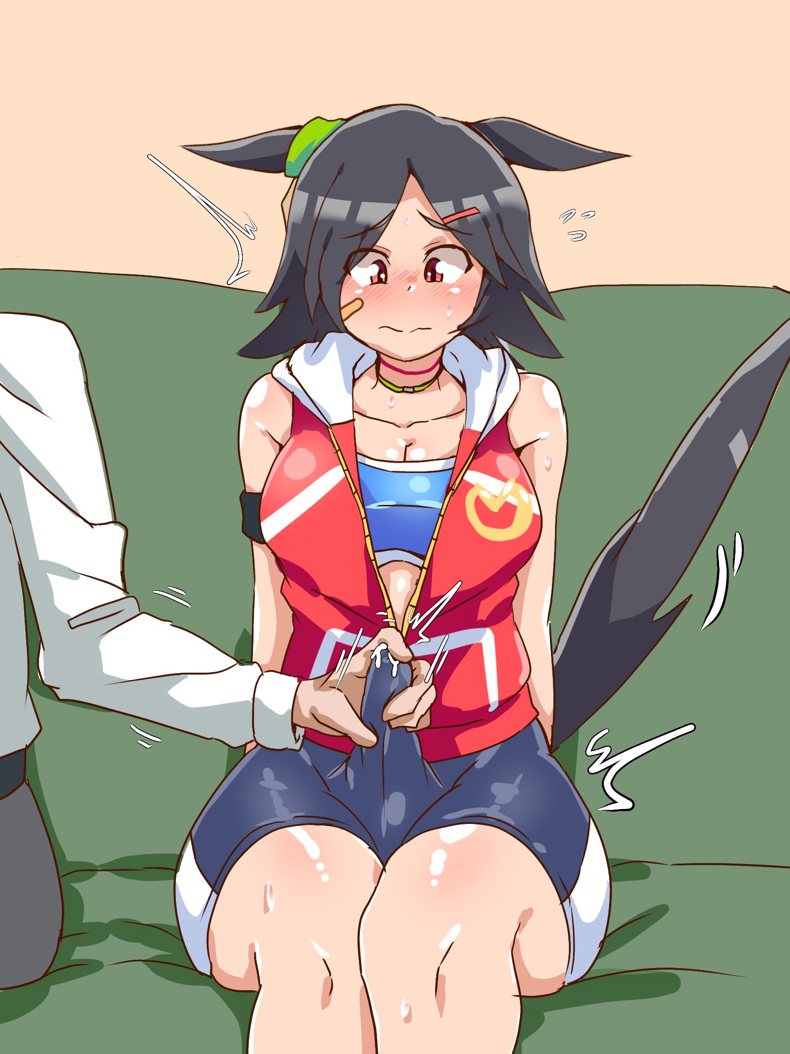 1boy, 1futa, 1girls, animal ears, black hair, blush, couch, erection, erection under clothes, erection under shorts, fully clothed, futanari, handjob, handjob over clothes, horse girl, nervous, precum, sonazthewho, twitching, umamusume, umamusume pretty derby, winning ticket (umamusume)