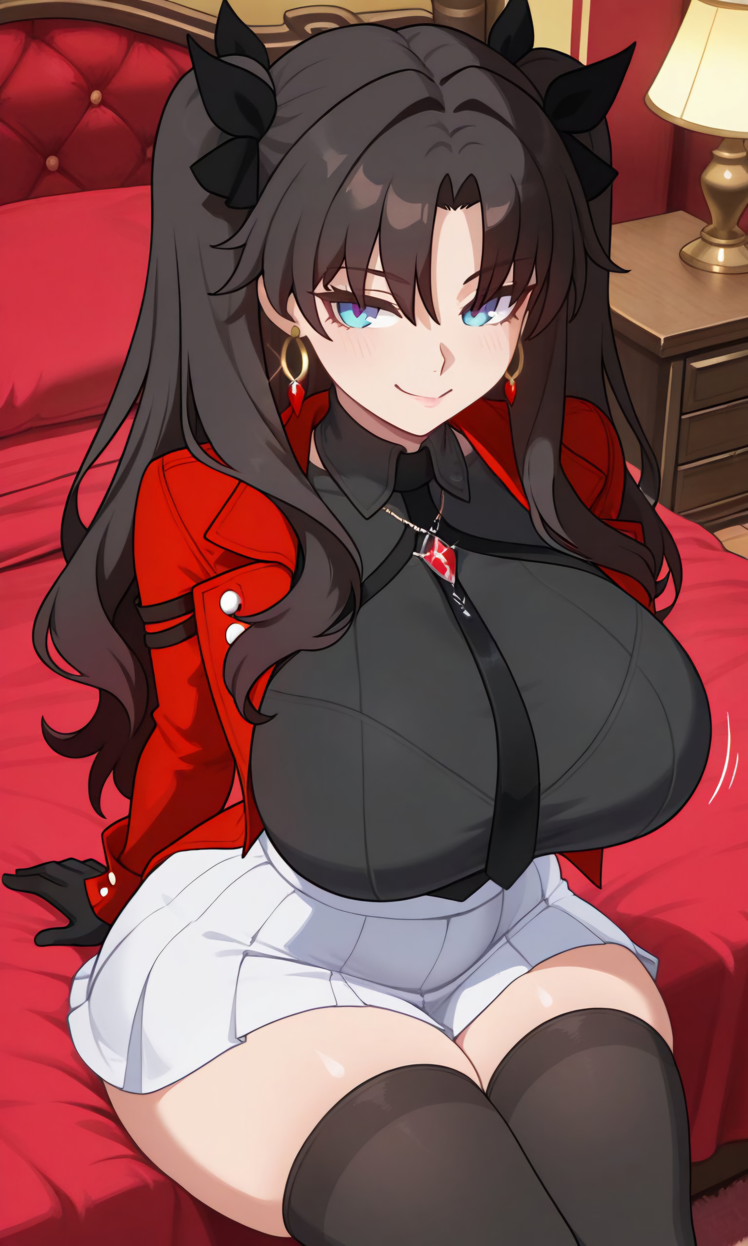 1female, 1girl, 1girls, ai generated, anime girl, ass, bed, bedroom, bedroom background, bedroom setting, big ass, big boobs, big breasts, big butt, big butt (female), big tits, black gloves, black hair, black hair female, black thighhighs, black tie, blue eyes, blue eyes female, boobs, boobs bigger than head, breasts, breasts bigger than head, busty, busty female, butt, crossover, curvaceous, curvaceous body, curvaceous female, curvaceous figure, curvaceous hips, curvaceous thighs, curvy, curvy body, curvy female, curvy figure, curvy hips, earings, eyes, fate (series), fate/stay night, fate/unlimited blade works, female, female focus, female only, femme fatale, gem necklace, gold earrings, hair, hips, honkai (series), honkai: star rail, hoop earrings, hourglass figure, hourglass figured female, hoyoverse, huge breasts, image, jacket, jacket open, large ass, large boobs, large breasts, large butt, large tits, light-skinned female, lips, long black hair, mature body, mature female, mature woman, mihoyo, nasuverse, necklace, pawg, phat ass, plump ass, plump boobs, plump breasts, plump butt, plump hips, plump thighs, plump tits, red bed, red jacket, red pillow, rin tohsaka, sexy, sexy female, sitting on bed, skirt, smiling, smiling at viewer, solo, solo female, thighhighs, thighs, tie, tits, tits bigger than head, tohsaka rin, tohsaka rin (honkai: star rail), two side up, voluptuous, voluptuous female, voluptuous woman, white skirt, wide hips