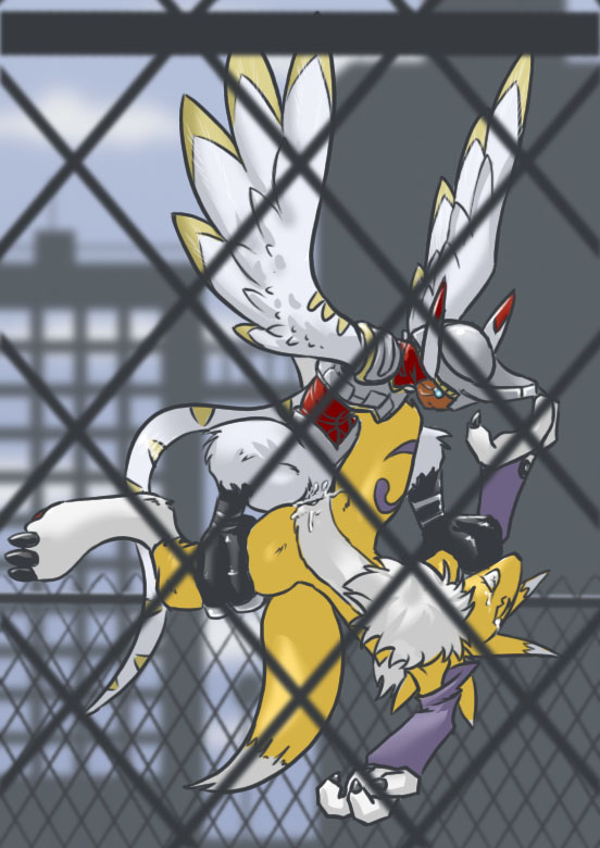 9_6 anthro color day digimon female fence fur furry harpymon interspecies male nude outdoors renamon tagme