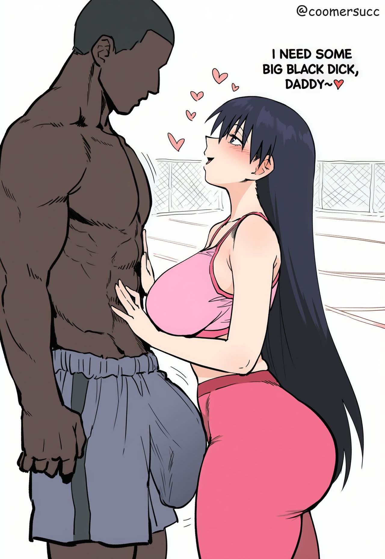 1boy, 1girls, 2026, abs, ai generated, asian, asian female, ass, athletic, azumanga daiou, black hair, blush, bra, bulge, bulge through clothing, caressing, clothed, clothed female, clothed male, coomersucc, dark skin, dark-skinned male, dirty talk, fit, gym clothes, gym shorts, half-closed eyes, heart, heart symbol, hearts, huge ass, huge breasts, huge cock, interracial, interracial couple, light skin, light-skinned female, long hair, love, muscular, muscular male, penis bulge, raceplay, sakaki, skimpy, skimpy clothes, speech, sports bra, text, thick thighs, watermark, yoga pants