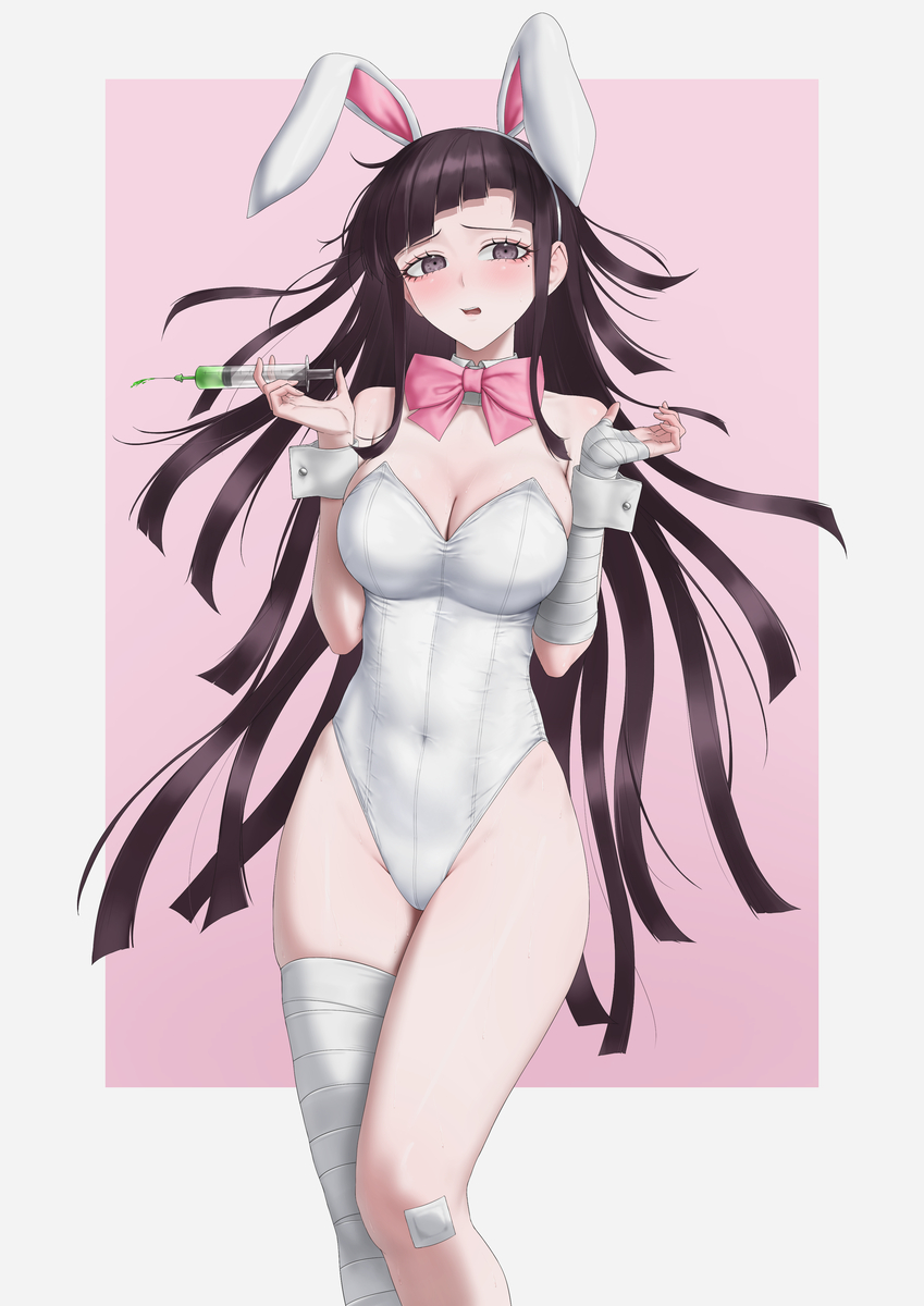 1girl, black hair, blush, bowtie, breasts, bunny ears, bunny suit, bunnysuit, cleavage, danganronpa, female, female only, koha 2652, solo, solo focus, syringe, tagme, thick thighs, thighs, tsumiki mikan