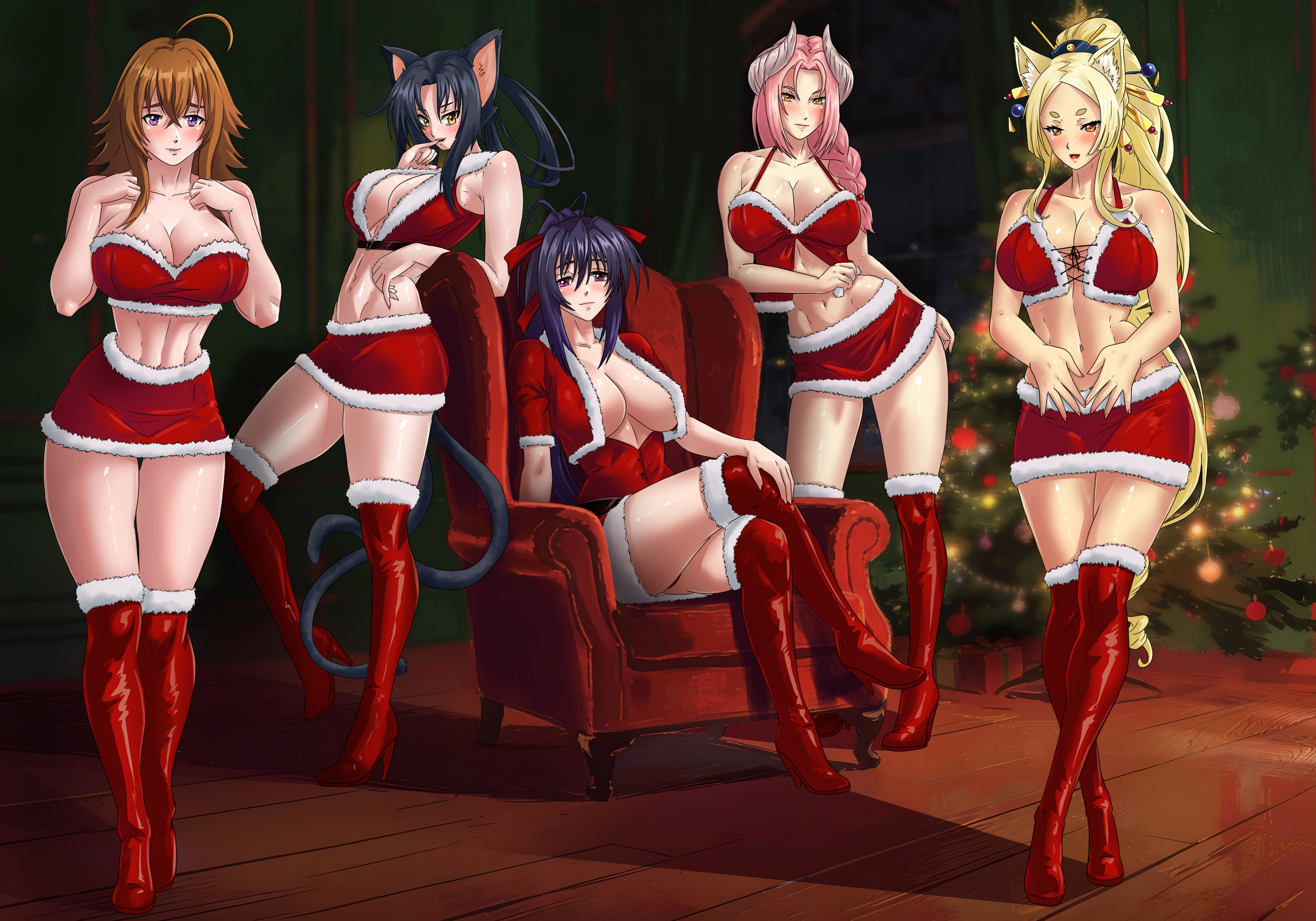 5girls, abs, ahoge, akeno himejima, amenoosa, animal ears, bare shoulders, bell, black hair, blonde hair, blue hair, blush, boots, braid, breasts, brown hair, cat ears, cat girl, cat tail, catgirl, chair, christmas, christmas clothing, christmas outfit, christmas tree, cleavage, clothing, couch, crop top, crossed legs, demon girl, demon horns, devil girl, dress, female, female only, fireplace, fit female, fox ears, full body, fur trim, fur-trimmed boots, fur-trimmed legwear, fur-trimmed skirt, hair ornament, hair ribbon, high heel boots, high heels, high school dxd, himejima akeno, horns, indoors, kuroka (high school dxd), large breasts, long hair, looking at viewer, mature female, midriff, milf, miniskirt, multiple girls, navel, pink hair, ponytail, purple eyes, red footwear, red skirt, ribbon, roygun belphegor, santa costume, santa dress, sitting, skirt, smile, standing, tail, thigh boots, thighhighs, venelana gremory, very long hair, wooden floor, yasaka (high school dxd), yellow eyes, yokai