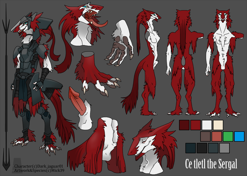 1boy anthro armor cel_tletl fluffy furry lance long_hair male male_only mick39 model_sheet paws penis sergal simple_background solo