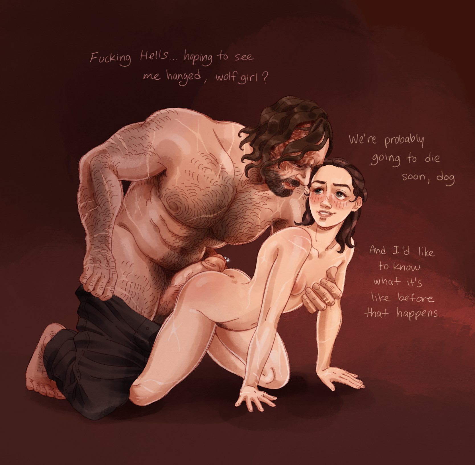 1boy, 1girls, a song of ice and fire, age difference, arya stark, ass, balls, big penis, blush, body hair, breast grab, breasts, brown hair, chest hair, dialogue, erection, female, game of thrones, larger male, male, muscular, muscular male, nipples, nude, older male, penis, precum, precum drip, sandor clegane, scar, size difference, small breasts, smaller female, spitroses, text, younger female