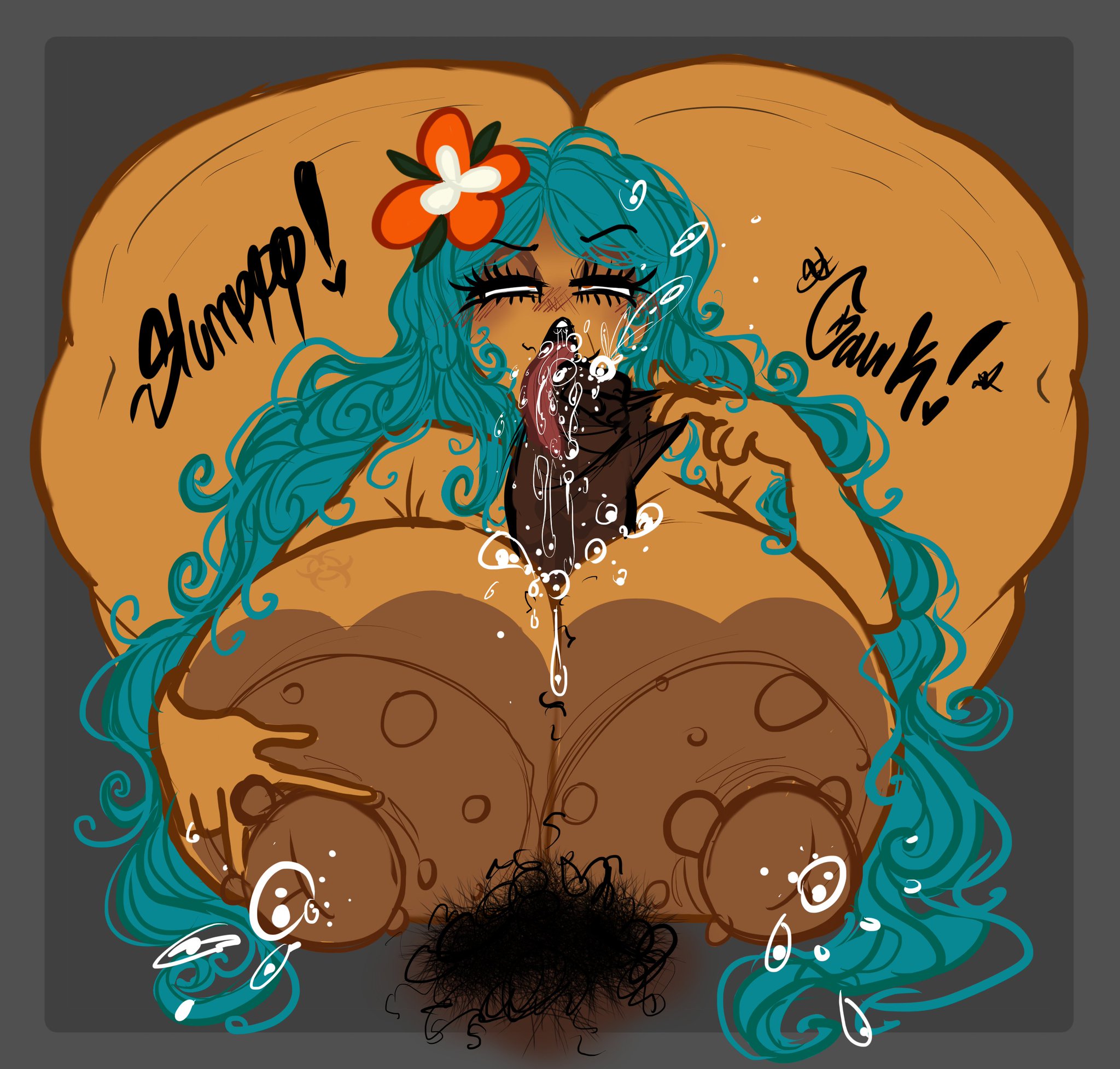 1boy, 1girls, areolae, big areola, big ass, big breasts, blowjob, blue hair, bumpy areola, cock drunk, cookie girl, cookie run, cookie run kingdom, dark-skinned male, eyelashes, hairy, hairy penis, highres, large ass, large breasts, licking penis, montgomery glands, nipples, precum, pubes in mouth, pubic hair, pulling foreskin, saliva, sloppy blowjob, squirting milk, tiger lily cookie, tongue, toxundercover