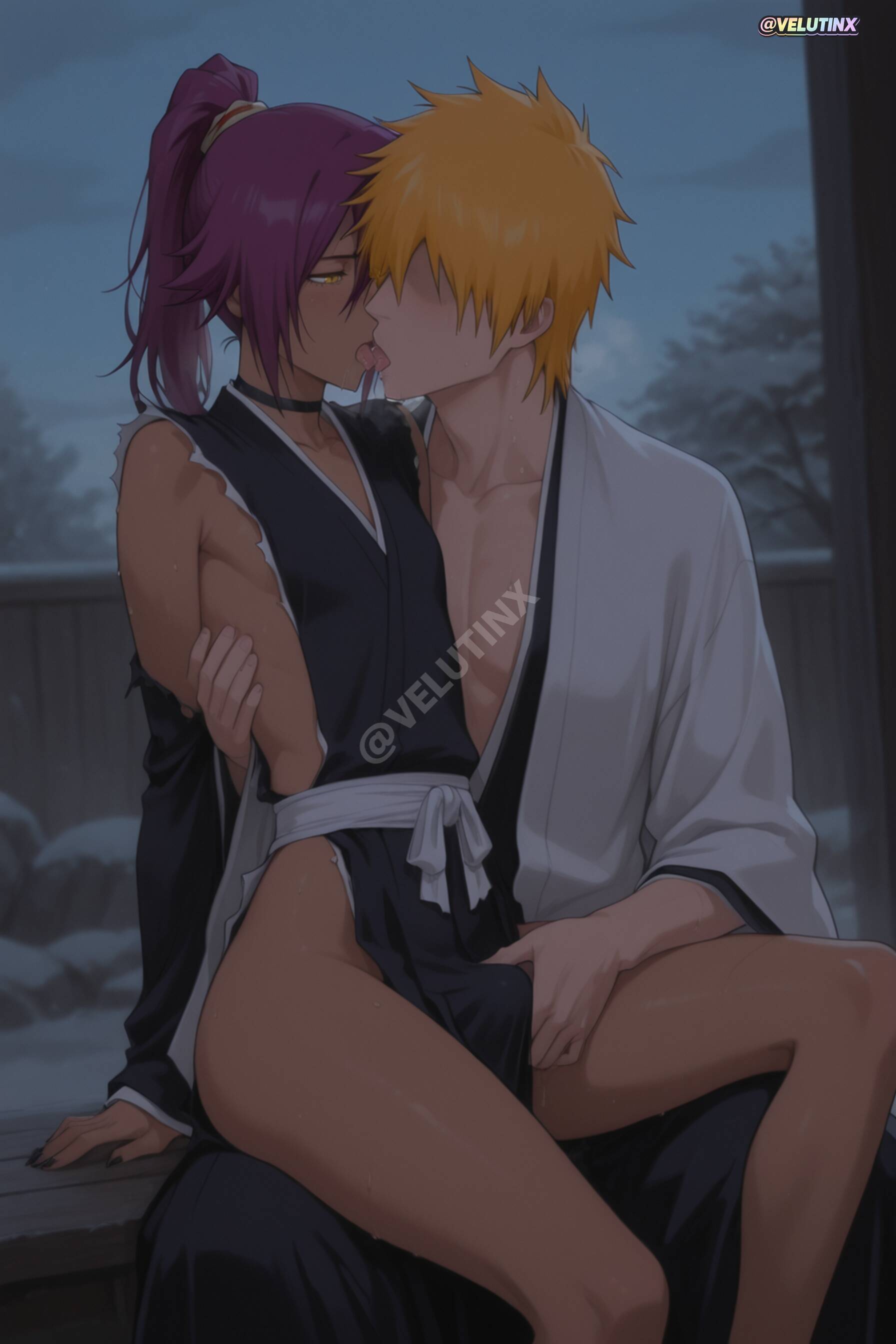 1femboy, ai generated, androgynous, arm around waist, arm support, ass, assertive male, bangs, bare shoulders, big ass, big thighs, black choker, black hakama, black kimono, black sleeves, bleach, bleach: the thousand-year blood war, blonde hair, blush, breath, bubble butt, butt, chest, chest grab, chocolate and vanilla, choker, closed eyes, clothed sex, collarbone, couple, covered nipples, curvaceous, curvaceous ass, curvaceous body, curvaceous figure, curvaceous hips, curvaceous thighs, curvy, curvy body, curvy figure, curvy hips, curvy male, curvy thighs, dark skin, dark-skinned femboy, dark-skinned male, dark-skinned sub, detached sleeves, faceless, faceless male, femboy, femboy focus, femboysub, feminine body, feminine faced male, feminine male, feminization, fingering, flat, flat chest, french kiss, french kissing, genderswap, genderswap (ftm), grabbing, hair between eyes, hair tie, hakama, hand on another's chest, hand on another's hip, hand on another's thigh, hand on another's waist, hand under clothes, heavy breathing, high ponytail, hips, hug, huge ass, huge hips, indoors, japanese clothes, kimono, kiss, kissing, kurosaki ichigo, light skin, light-skinned male, long hair, long sleeves, looking at another, male focus, mature, mature male, no bra, no panties, open clothes, open mouth, orange hair, otoko no ko, outdoors, paid reward available, pear shaped, pear-shaped figure, plump thighs, ponytail, purple hair, saliva, saliva drip, saliva on face, saliva on tongue, saliva string, saliva trail, shiny hair, shiny skin, short hair, sideboob, sitting, sitting on lap, sitting on person, skindentation, skinny male, slim waist, solo focus, spiked hair, sweat, sweating, sweaty, sweaty body, thick butt, thick hips, thick legs, thick thighs, thighs, through clothes, tiny penis, tongue, tongue out, trap, velutinx, visible breath, voluptuous, voluptuous body, voluptuous femboy, voluptuous male, watermark, wet, wet body, wet skin, white kimono, wide ass, wide hips, wide sleeves, wide thighs, yellow eyes, yoruichi shihouin
