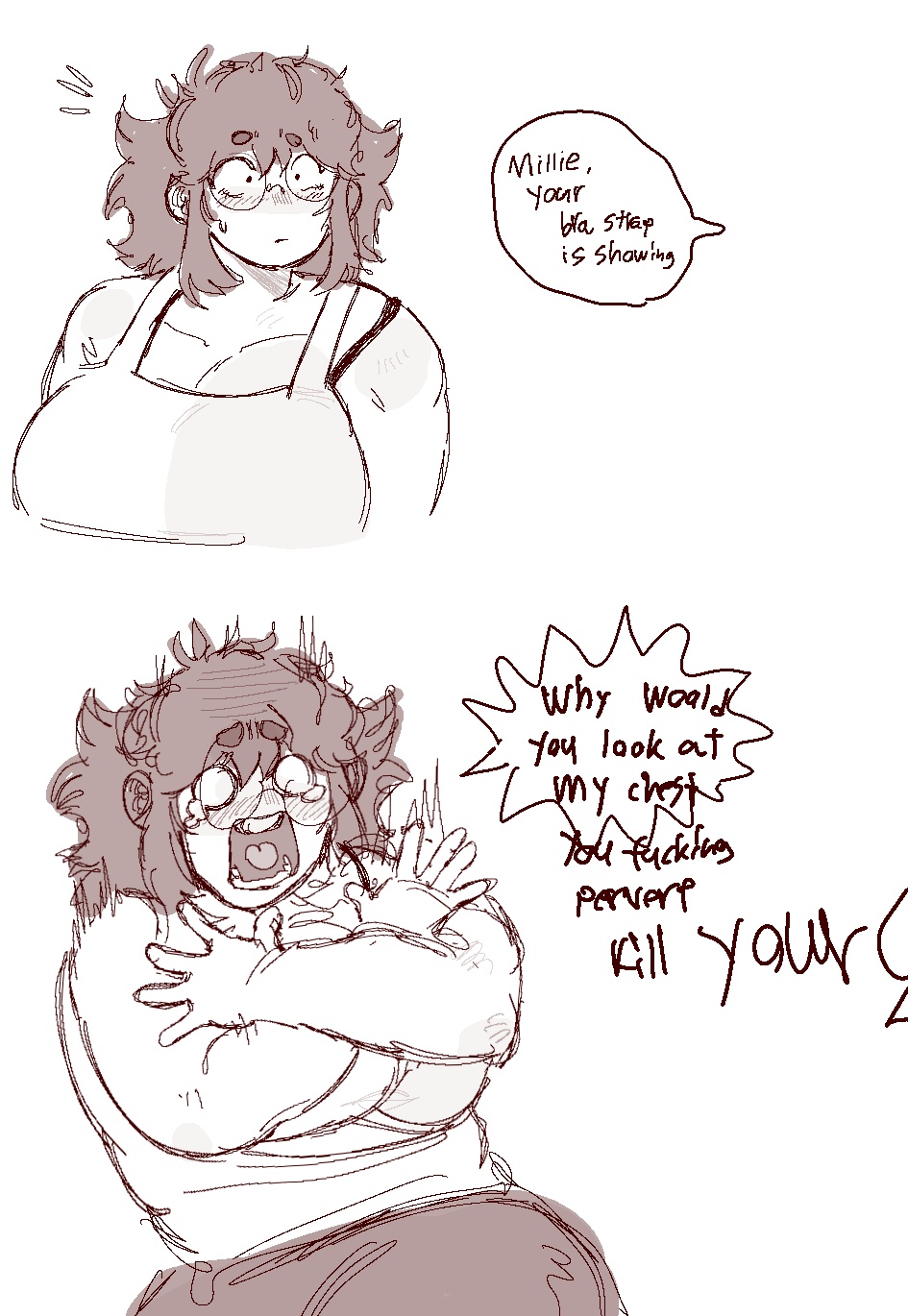 big breasts, blush, bra strap is showing (meme), bra strap slip, chubby, covered chest, death threat, freaking out, friday night funkin, humor, korean nooby (artist), millie (mistful crimson morning), parody, sketch, subversion, tanktop