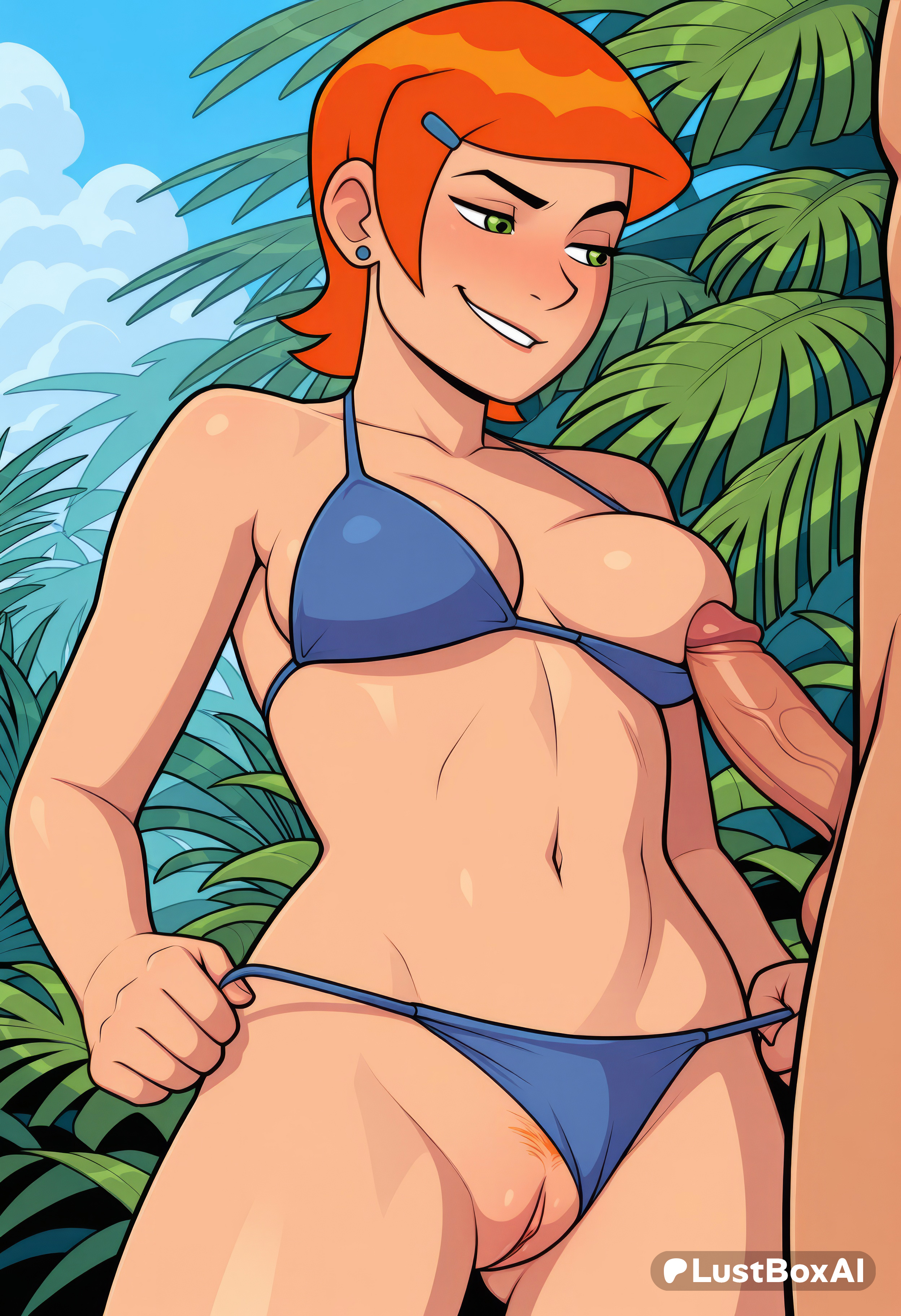 1boy, 1boy1girl, 1girls, ai generated, artist name, ass visible through thighs, ben 10, ben 10 (classic), bikini, bikini bottom aside, bikini pull, blue bikini, blue sky, blush, breasts, cartoon network, clothed female nude male, clothes pull, clothing aside, cloud, collarbone, cowboy shot, day, earrings, female, female pubic hair, green eyes, grin, gwen tennyson, gwen tennyson (classic), hair ornament, hairclip, hetero, hi res, jewelry, looking at another, lustboxai, medium breasts, navel, nipples, nude, one breast out, orange hair, outdoors, palm tree, penis, pubic hair, pulled by self, pussy, short hair, sky, smile, solo focus, standing, stud earrings, swimsuit, tree, uncensored, veins, veiny penis, warner bros, warner brothers, younger female