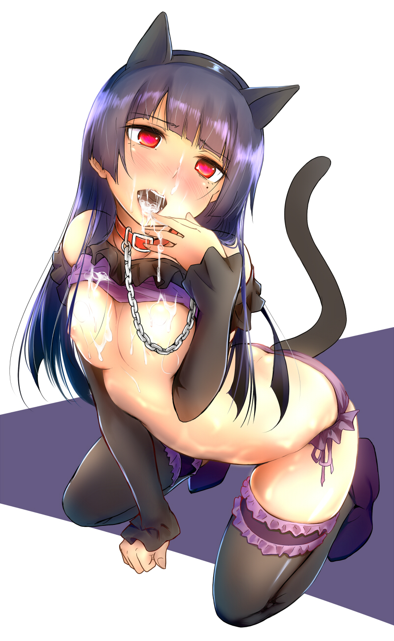 2014 animal_ears black_hair black_legwear blush breasts cat_ears cat_tail chains cum cum_in_mouth daiki female gokou_ruri highres long_hair mole ore_no_imouto_ga_konna_ni_kawaii_wake_ga_nai panties purple_panties red_eyes shirt_lift solo tail thighhighs underwear