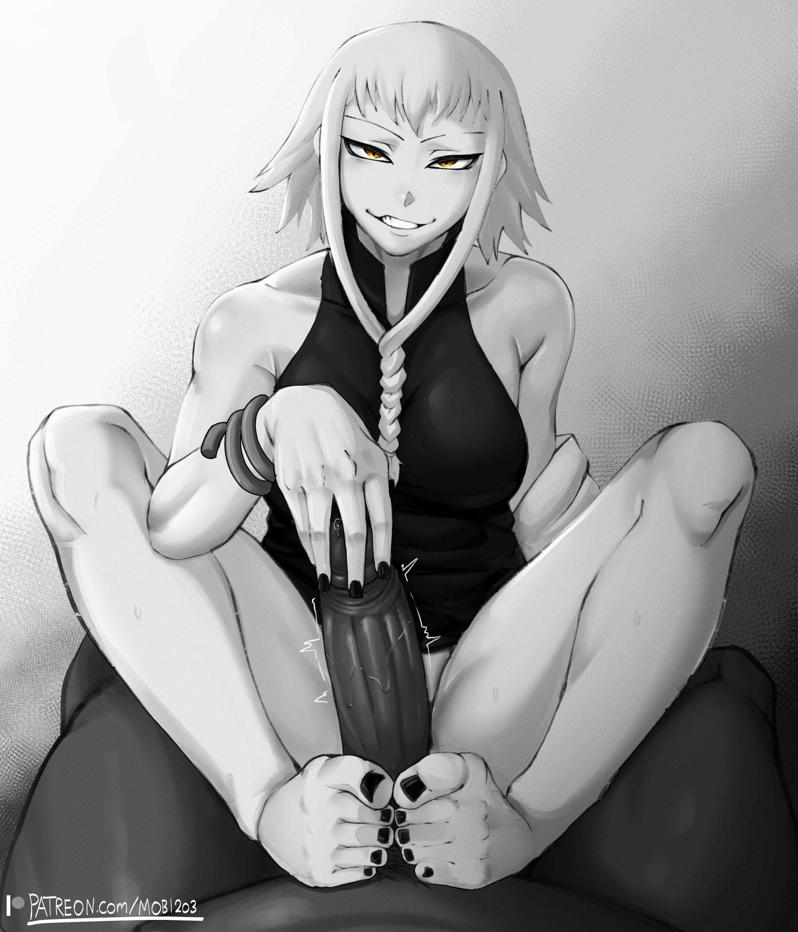 1boy, 1girls, 2d, 2d (artwork), big penis, cock bigger than feet, dark skin, dark-skinned male, feet, footjob, greyscale, handjob, illustration, male pov, medusa gorgon, milf, mobi mobi, penis, soul eater, tagme