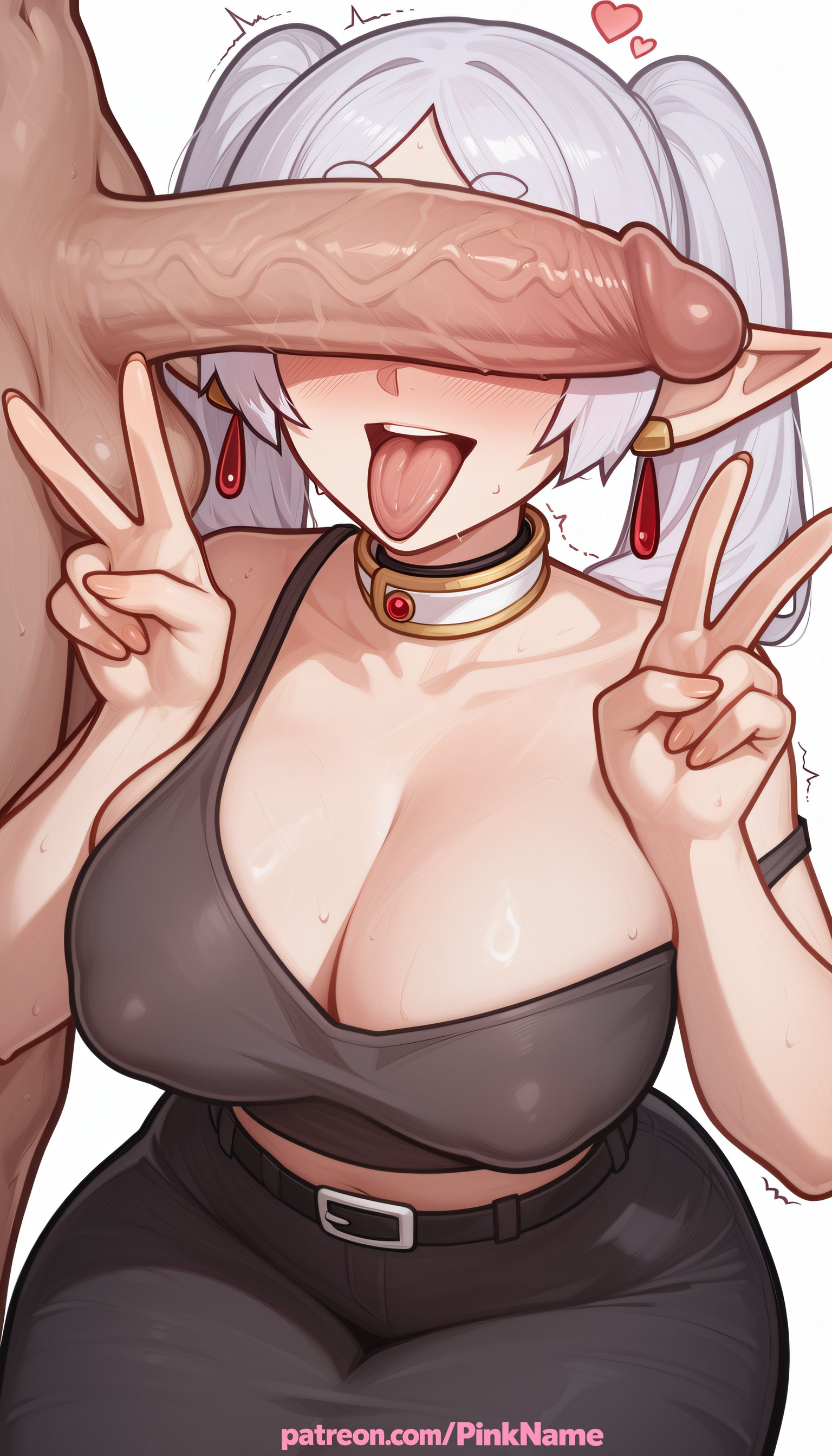 1boy, 1girl, 2026, ai generated, artist name, belt, big breasts, big chest, big tits, boobs, breasts, bust, busty, chest, cleavage, cock, covered nipples, dick, earrings, erection, frieren, frieren beyond journey's end, hetero, hi res, high quality, highres, huge penis, jewelry, large breasts, large penis, pants, patreon, patreon username, penis, penis awe, penis on face, pinkname, pointy ears, precum, silver hair, solo focus, sousou no frieren, testicles, tits, trembling, twitching penis, uncensored, v, w, watermark
