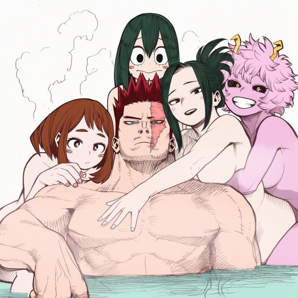 1boy, 4girls, 4girls1boy, abs, accurate art style, age difference, ai generated, bath, bathing, bathing together, black sclera, boku no hero academia, brown hair, brown-haired female, endeavor (my hero academia), enji todoroki, female, green hair, green-haired female, harem, horn, horns, hot spring, lapis slopzuli, looking at viewer, male, male/female, manga style, mina ashido, mixed bathing, momo yaoyorozu, multiple girls, muscular, muscular male, my hero academia, naked, naked female, naked male, no nipples, no nipples visible, nude, nude female, nude male, ochako uraraka, older male, older male and younger female, pink hair, pink skin, pink-haired female, ponytail, purple hair, purple-haired female, red hair, red-haired male, scar, scar across eye, scar on face, simple background, smile, smiling, smiling at viewer, son's friend, sons friend, steam, tsuyu asui, uravity98114, water, white background, yellow eyes, younger female