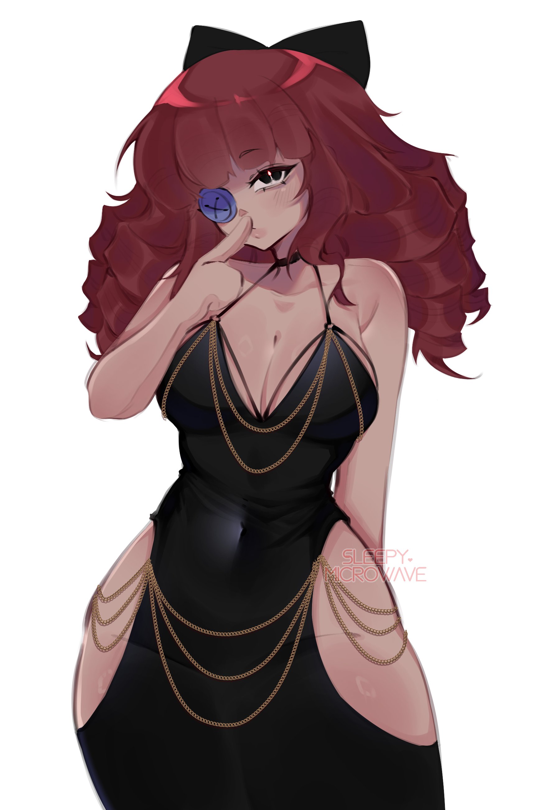 black dress, button eye, cleavage, finger on lip, glitch productions, gooseworx, modakawa dress, ragatha, ragatha (tadc), ragatha (the amazing digital circus), sleepymicrowave, solo, tagme, the amazing digital circus, wide hips