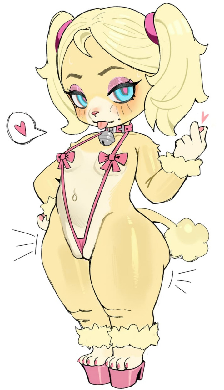 1girls, anthro, anthro female, anthro only, anthro solo, beauty mark, blonde female, blonde hair, blue eyes, blush, canid, canine, canis, collar, cub, dog, dog girl, dog tail, domestic dog, eyebrows, eyelashes, eyeshadow, female, female cub, female only, fur, furry, furry female, furry only, hand heart, heels, high heels, jingzhou14848, makeup, naked, naked anthro, naked female, nude, nude anthro, nude female, painted toenails, sling bikini, solo, solo anthro, solo female, swimsuit, tail, thick thighs, tongue, tongue out, white background, yellow body, yellow fur, young, young anthro, young female, zhou135627