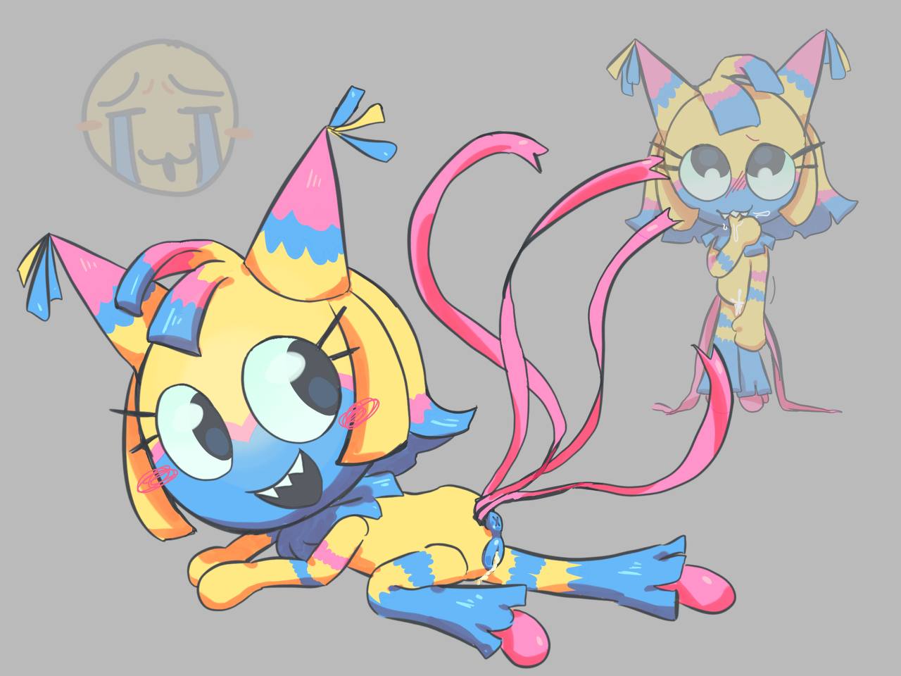 1girls, 2d, 2d (artwork), aged down, chibi, closed mouth, crying emoji, cum, cum in pussy, dandy's world, dandys world, exposed anus, exposed asshole, exposed pussy, eyelashes, grey background, happy, laying down, lying on stomach, on model, open mouth, pinata, saliva, sharp teeth, solo, sucking thumb, tripndeath, yatta (dandy's world), young, young female