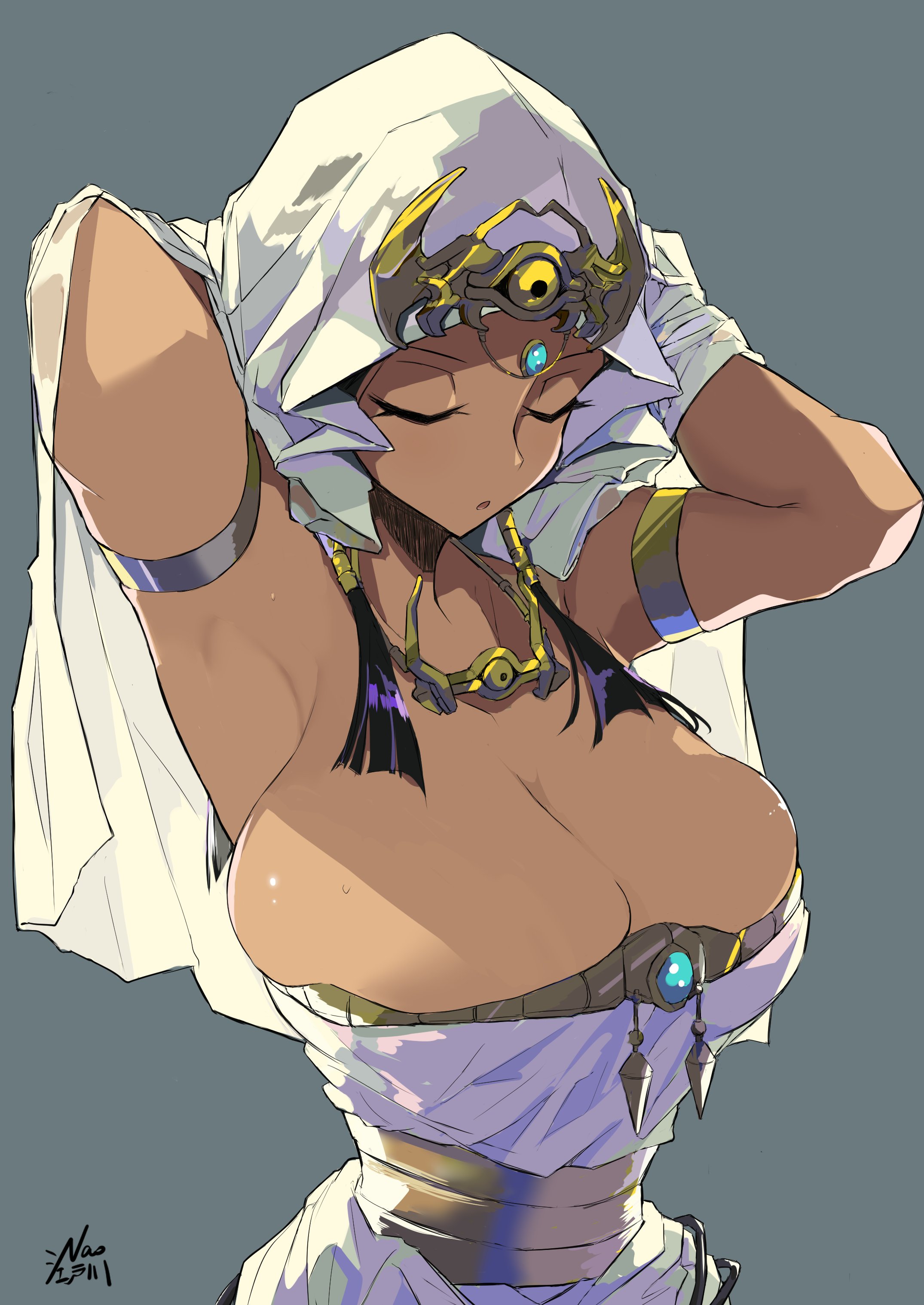 armpits, arms up, artist request, big breasts, black hair, brunette, clothed, clothed female, dark skin, dark-skinned female, egyptian, egyptian clothes, egyptian female, eyes closed, fully clothed, headgear, isis ishtar, large breasts, yu-gi-oh!, yu-gi-oh! duel monsters