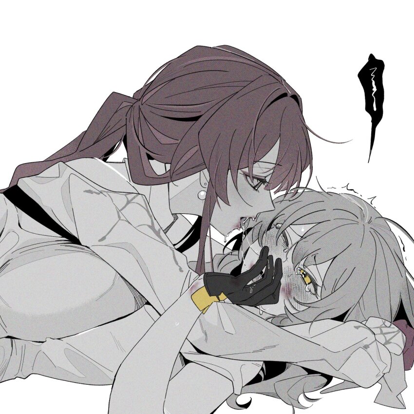 2girls, blush, commentary, d0600059994959, earrings, highres, honkai (series), honkai: star rail, jewelry, kafka (honkai: star rail), lesbian sex, long hair, multiple girls, one eye closed, ponytail, saliva, sphere earrings, stelle (honkai: star rail), tongue, yellow eyes, yuri