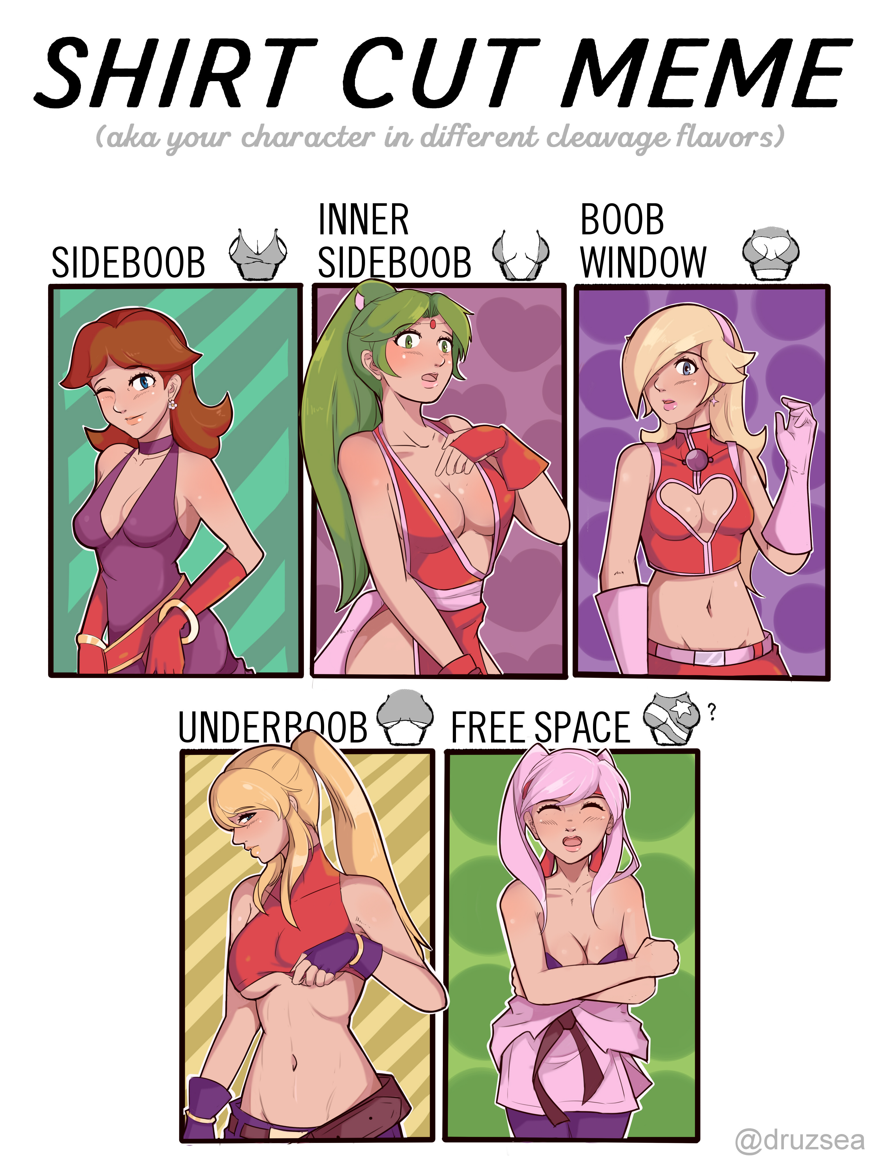 5girls, art of fighting, athena asamiya (cosplay), blonde hair, blue mary (cosplay), bonne jenet (cosplay), boob window, breasts, brown hair, charlyarts10 (artist), clothing, cosplay, crossover, earrings, english text, fatal fury, female, female only, fingerless gloves, fire emblem, fire emblem awakening, garou: mark of the wolves, gloves, green hair, kid icarus, kid icarus uprising, king of fighters, mai shiranui (cosplay), mario (series), metroid, multiple females, multiple girls, nintendo, palutena, pink hair, princess daisy, princess rosalina, robin (fire emblem), robin (fire emblem) (female), samus aran, shirt cut meme, sideboob, snk, standing, super smash bros., text, underboob, yuri sakazaki (cosplay)