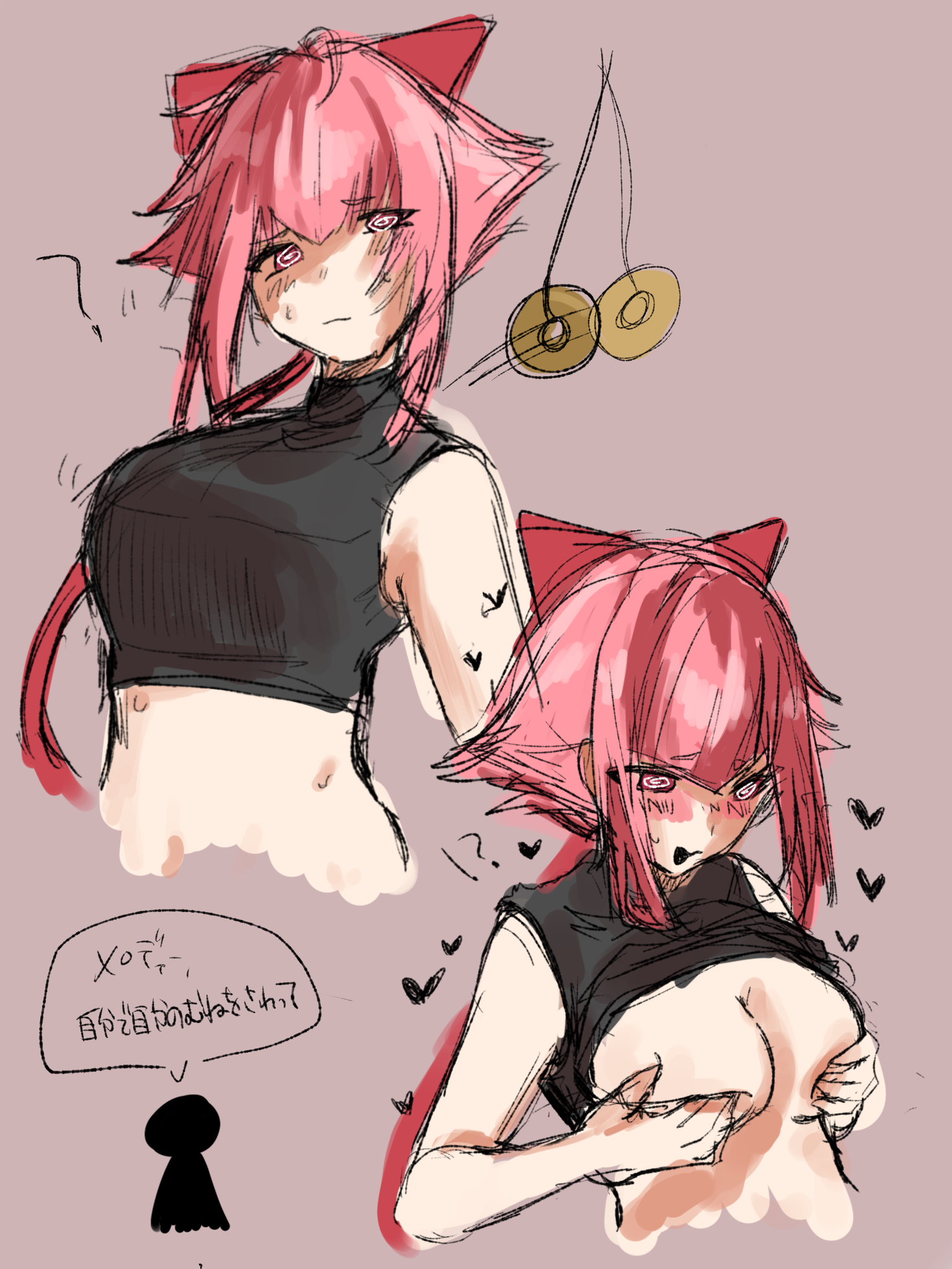bare arms, bare midriff, big breasts, black crop top, blushing, bowtie on head, brawl stars, hypnosis, hypnotized, idol, loving it, melodie (brawl stars), natural breasts, pink hair, pixiv, red bowtie, singer, touching breast, touching own breasts