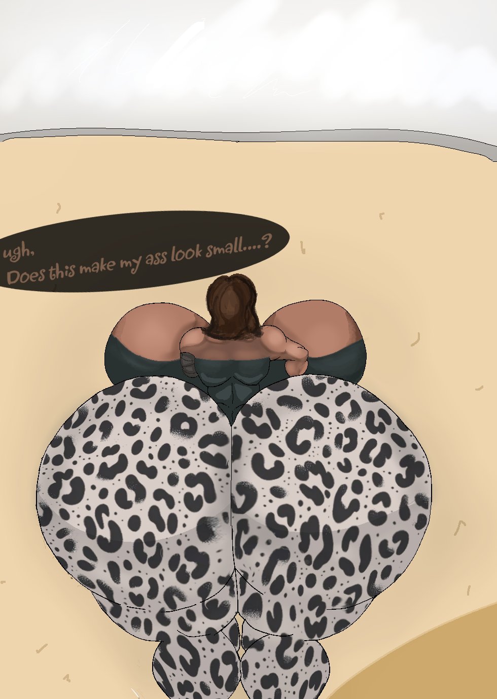 1girls, 2d, 2d (artwork), amputee, arabian, back view, big ass, big breasts, brown hair, caramelberry, carmelina (caramelberry), dark skin, dark-skinned female, english text, female, female focus, female only, forbidden pants, gigantic ass, gigantic breasts, huge ass, huge breasts, hyper, leopard print, middle eastern female, self insert, short hair, simple background, solo, text, varix (edit)