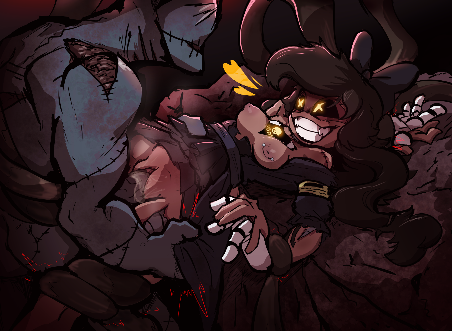 :3, 4 hands, accessory, areola, armband, aroused, bald crotch, bdsm, big breasts, black clothing, black dress, black hair, black sclera, blood, bodily fluids, bondage, bound, bow ribbon, breasts, brown areola, brown body, brown nipples, brown skin, clothing, corpse, corset, cum, cum in vagina, cum inside, cyn (murder drones), cyntessa (murder drones), death, diddlydooter1, digital drawing (artwork), digital media (artwork), directional arrow, directional arrow tattoo, disguise, dress, duo, earless, eldritch abomination, eyeless, fangs, female, genital fluids, genitals, glitch productions, glowing, glowing eyes, grabbing hips, grey body, hair, hair accessory, hair bow, hair ribbon, heart symbol, hearts around head, hi res, human, humanoid, light bondage, lines on body, lingerie, long hair, machine, male, male penetrating, male/female, mammal, metal, metallic body, monster, multi hand, murder drones, necrophilia, nightmare fuel, nipple piercing, nipples, noseless, open mouth, open smile, patchwork creature, penetration, piercing, pigtails, ribbons, robot, robot humanoid, scar, scars all over, screen, screen face, seam (sewing), sex, sharp teeth, signature, simple background, skinsuit, smile, stitch (sewing), surgical suture, tattoo, teeth, tentacles, tessa (murder drones), thick thighs, tight clothing, topwear, twintails (hairstyle), undead, unnamed character, unusual anatomy, vaginal, vaginal penetration, vulva, white body, wide hips, worker drone, x eyes, yellow armband, yellow eyes, zombie