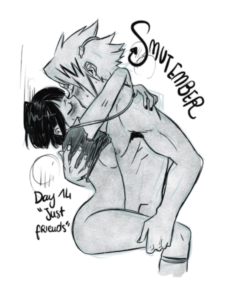 1boy, 1girls, ass, black and white, blush, boku no hero academia, breasts, denki kaminari, erinclover, fanon couple, female, jirou kyouka, kaminari denki, kissing, kyoka jiro, making out, male, my hero academia, partially clothed, romantic, sketch, small breasts, stockings, text, wholesome