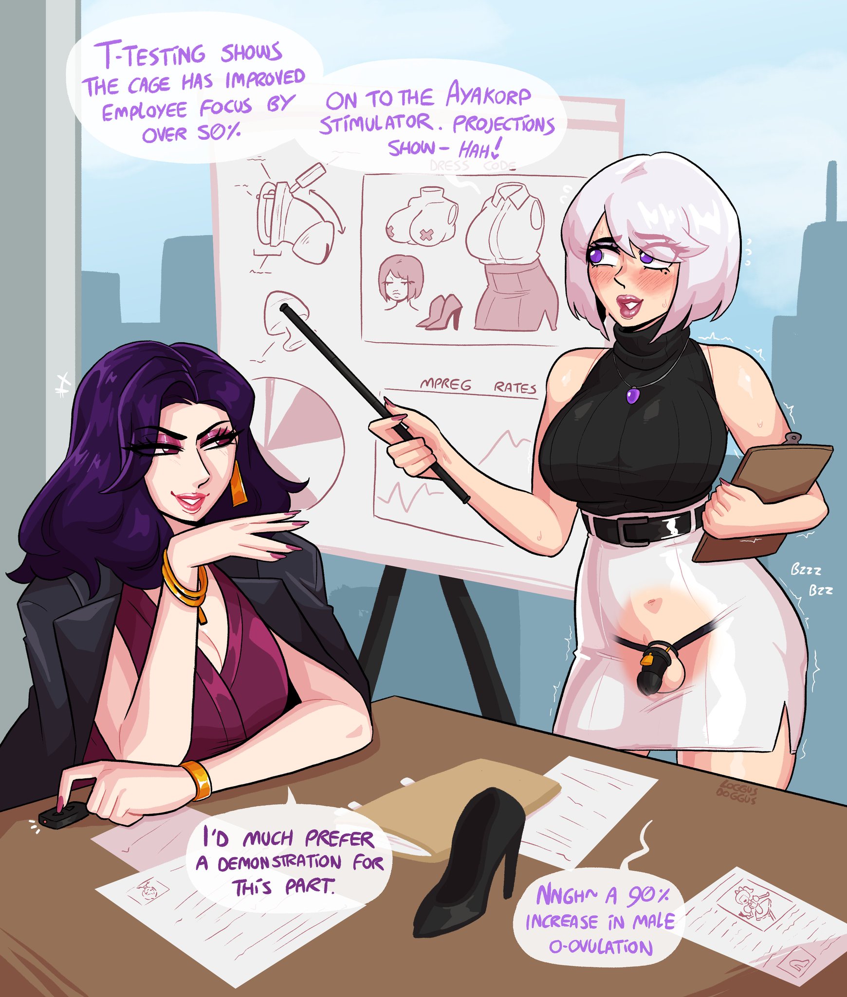 1boy, 1girls, 2d, blush, breast plate, bulge, bulge through clothing, chastity, chastity cage, crossdressing, dark purple hair, dialogue, english dialogue, english text, eyelashes, fake breasts, female, femboy, femdom, feminine male, girly, hi res, lipstick, loggus doggus, long hair, male, medium hair, narrowed eyes, office, office lady, presentation, purple eyes, purple hair, skirt, smile, speech bubble, white hair, x-ray