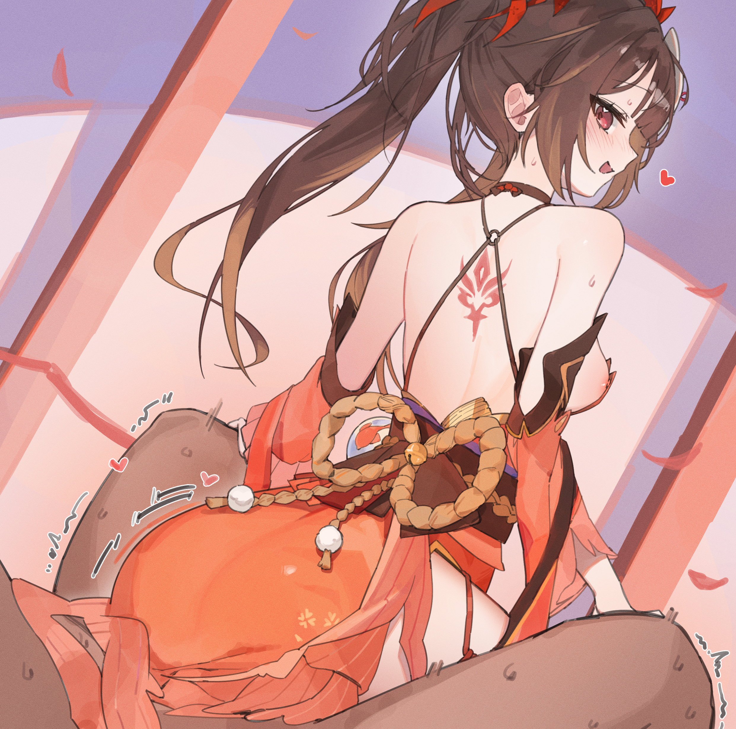 1boy, 1girls, back, back tattoo, blush, breasts, brown hair, chocosong, choker, clothed, dark-skinned male, dress, female, from behind, high resolution, highres, honkai: star rail, light-skinned female, long hair, looking at viewer, male, nipples, open mouth, penetration, red eyes, reverse cowgirl position, sex, sideboob, smile, sparkle (honkai: star rail), sweat, sweatdrop, tattoo, trembling, twintails