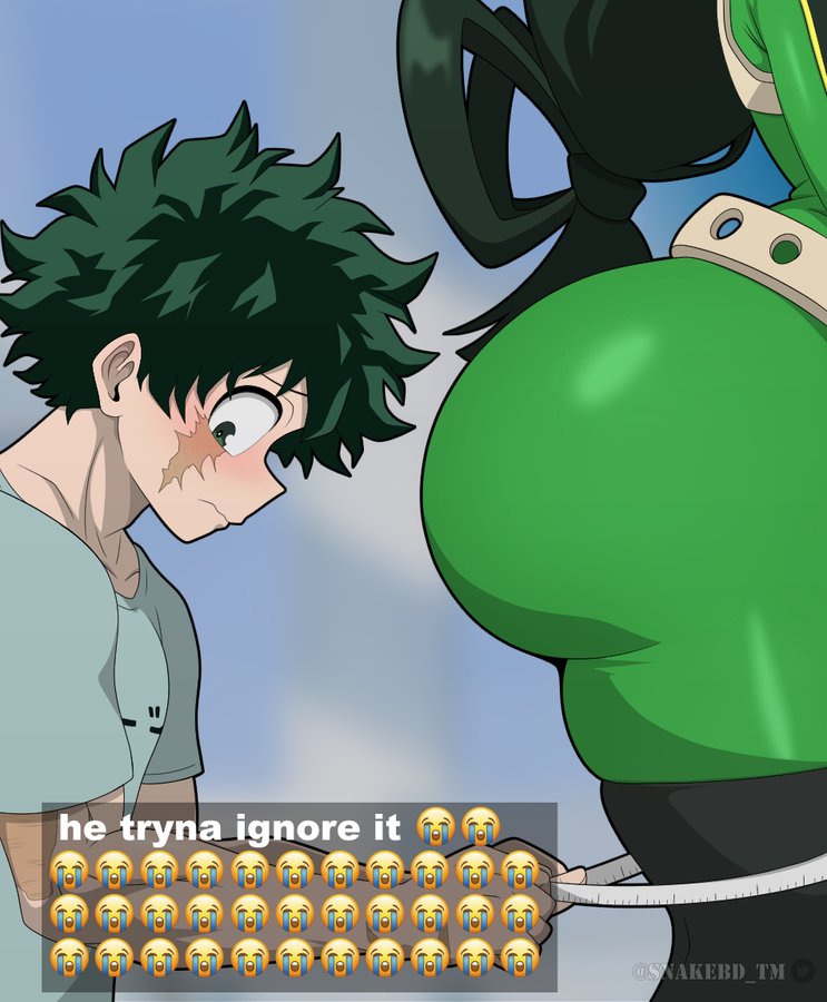 ass, big ass, female, green hair, he tryna ignore it (meme), hero outfit (mha), izuku midoriya, long hair, male, meme, my hero academia, teenager, thighs, tsuyu asui