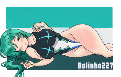 big_breasts big_thighs bolinha227 breasts full_body green_eyes green_hair nintendo one-piece_swimsuit pneuma swimsuit xenoblade_(series) xenoblade_chronicles_2