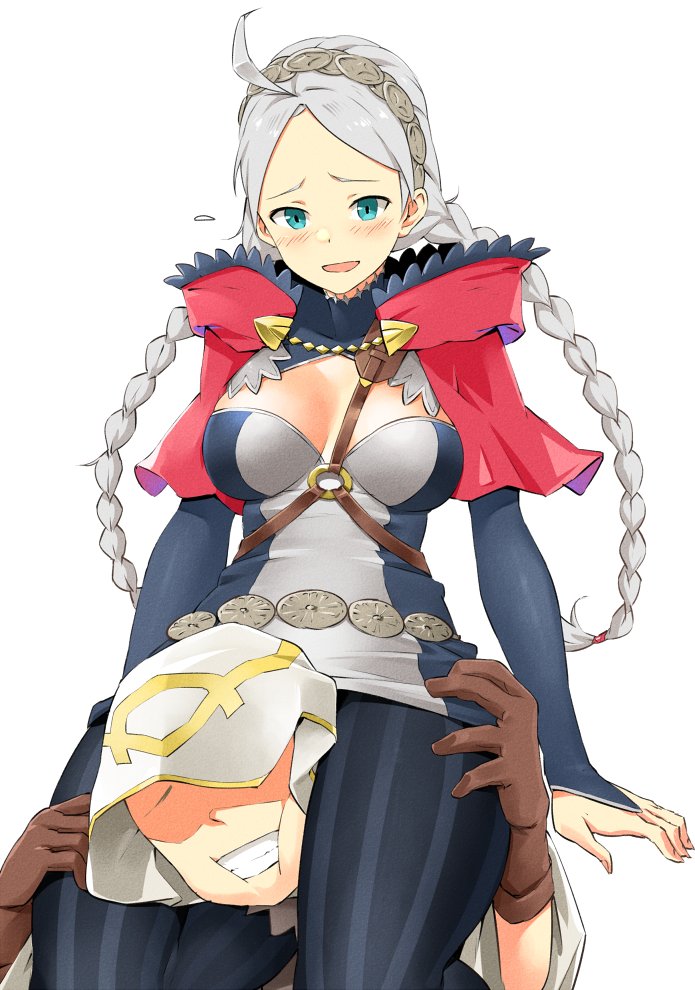 1boy 1girls ahoge blue_eyes braid commission fire_emblem fire_emblem_fates fire_emblem_heroes gloves grey_hair hairband hand_on_thighs head_between_thighs igni_tion kiran_(fire_emblem) kiran_(fire_emblem)_(male) leg_lock nina_(fire_emblem) nintendo open_mouth redkite scissorhold thighs twintails