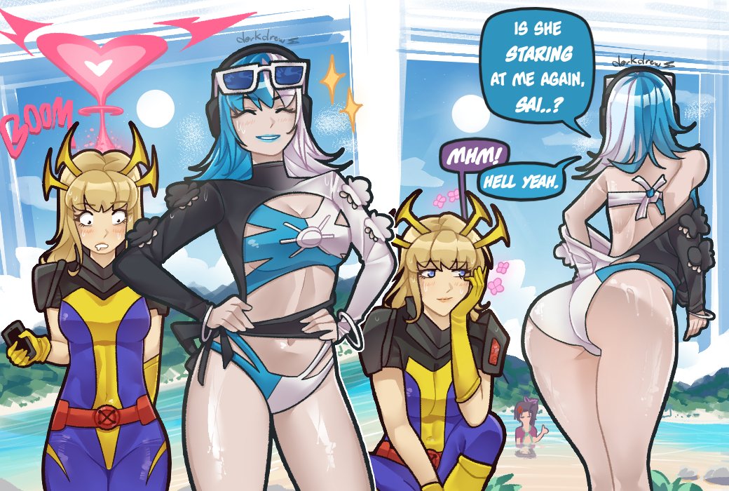2d, 2girls, ass, big ass, bikini, caught, caught staring, derkdrew124, dialogue, female, female only, luna snow, luna snow (cool summer), luna snow (marvel rivals), magik (illyana rasputin), magik (marvel rivals), magik (retro x-uniform), marvel, marvel rivals, psylocke, psylocke (sai) (breezy butterfly), seol hee, thick thighs, yuri