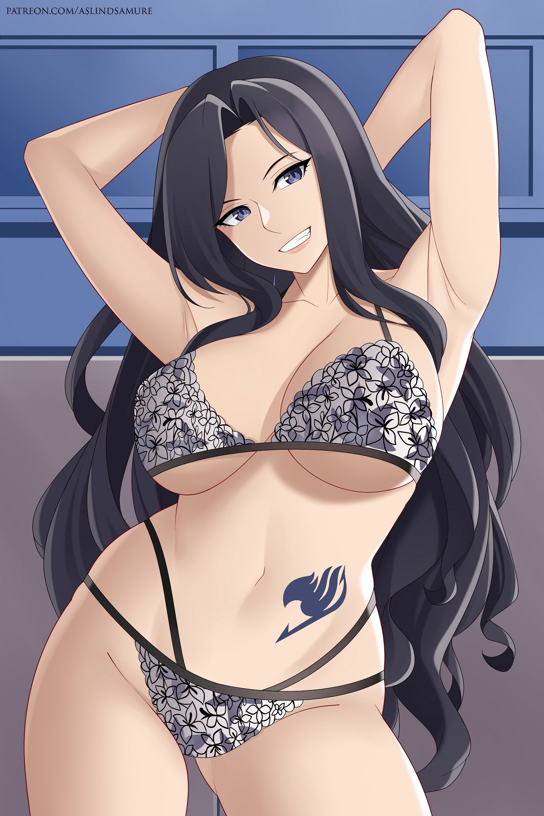 1girls, armpits, arms behind back, aslindsamure, belly tattoo, big breasts, black tattoo, breasts, brown hair, brown-haired female, cana alberona, cleavage, fairy tail, fairy tail mark, female, female focus, female only, lingerie, long hair, looking at viewer, multi-strapped bikini, multi-strapped panties, small panties, smile, solo female, standing, tattoo, underboob, wavy hair