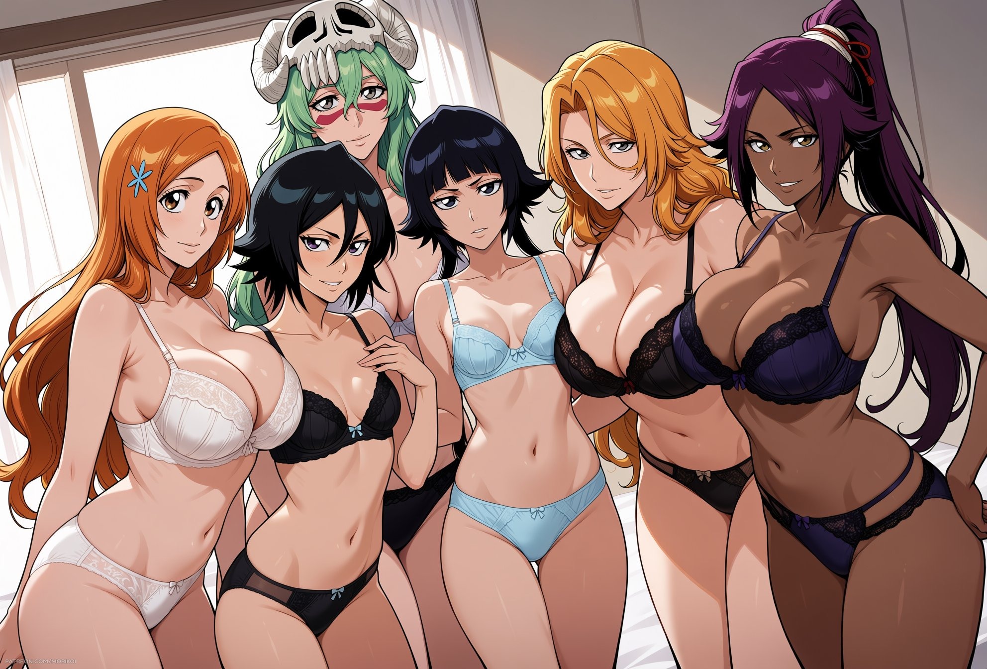 6girls, ai generated, bed, bedroom, black hair, black lingerie, bleach, curtains, green hair, inoue orihime, kuchiki rukia, light blue lingerie, lingerie, long hair, looking at viewer, matsumoto rangiku, multiple girls, nelliel tu odelschwanck, orange hair, purple hair, purple lingerie, shihouin yoruichi, short hair, smile, smiling, smiling at viewer, soifon, sui-feng, sunlight, white lingerie, window