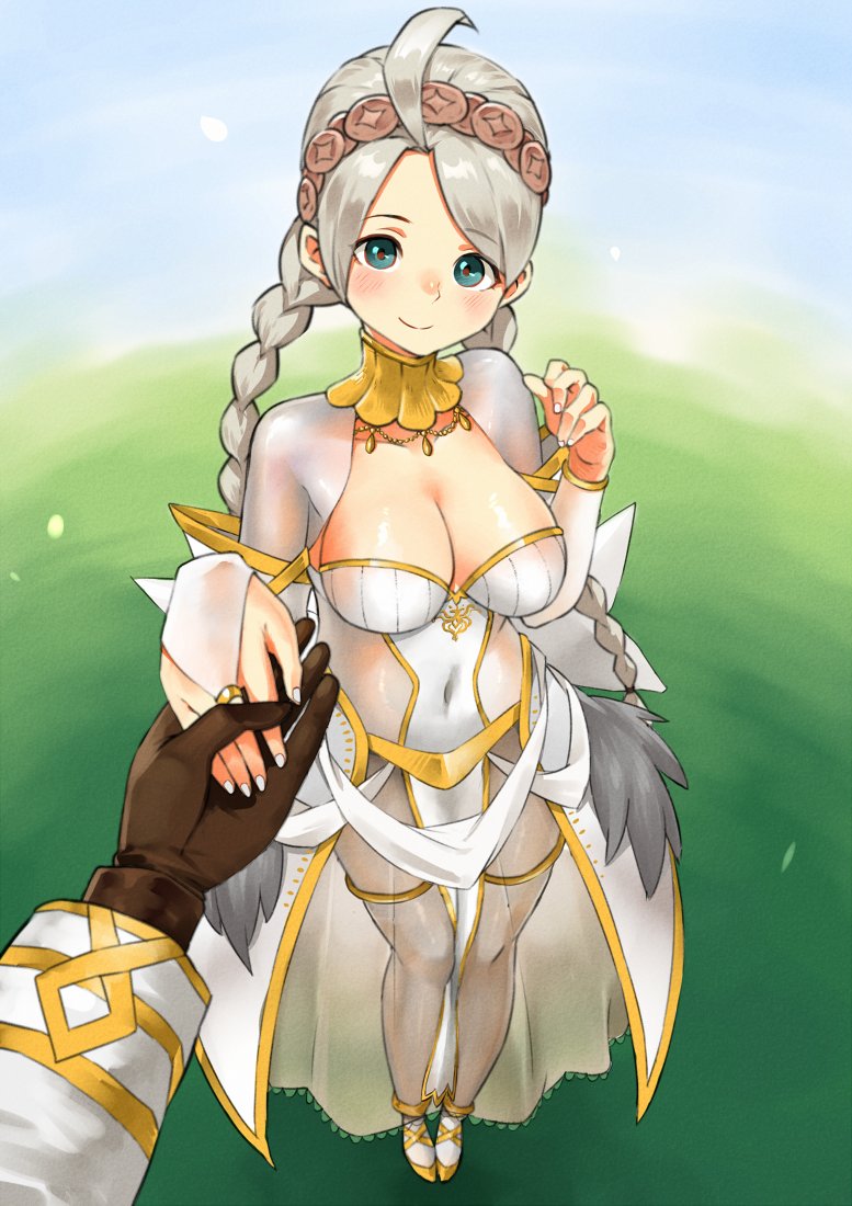 1boy 1girls alternate_costume aqua_eyes bodystocking bride cape cleavage cosplay fire_emblem fire_emblem_awakening fire_emblem_fates fire_emblem_heroes grey_hair holding_hands igni_tion kiran_(fire_emblem) kiran_(fire_emblem)_(male) large_breasts loincloth nina_(fire_emblem) nintendo pelvic_curtain pov redkite smile solo_focus tharja_(fire_emblem)_(cosplay) twin_braids wedding_dress