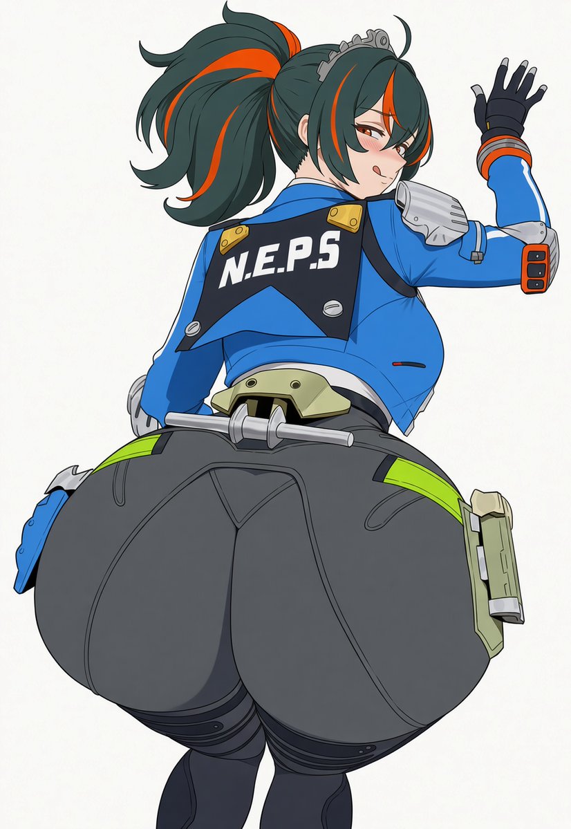 ass, ass focus, black hair, braided hair, butt, clothed, fat ass, female, huge ass, light-skinned female, looking at viewer, maxelartdesign, mihoyo, policewoman, red hair, white background, zenless zone zero, zhu yuan