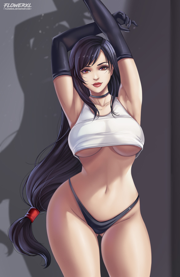 1girls, big breasts, black hair, breasts, brown eyes, female, female only, final fantasy, final fantasy vii, flowerxl, gloves, hair ornament, large breasts, light skin, light-skinned female, long hair, looking at viewer, necklace, no pants, panties, shirt, solo, standing, thick thighs, tifa lockhart, underboob, video game character, white shirt