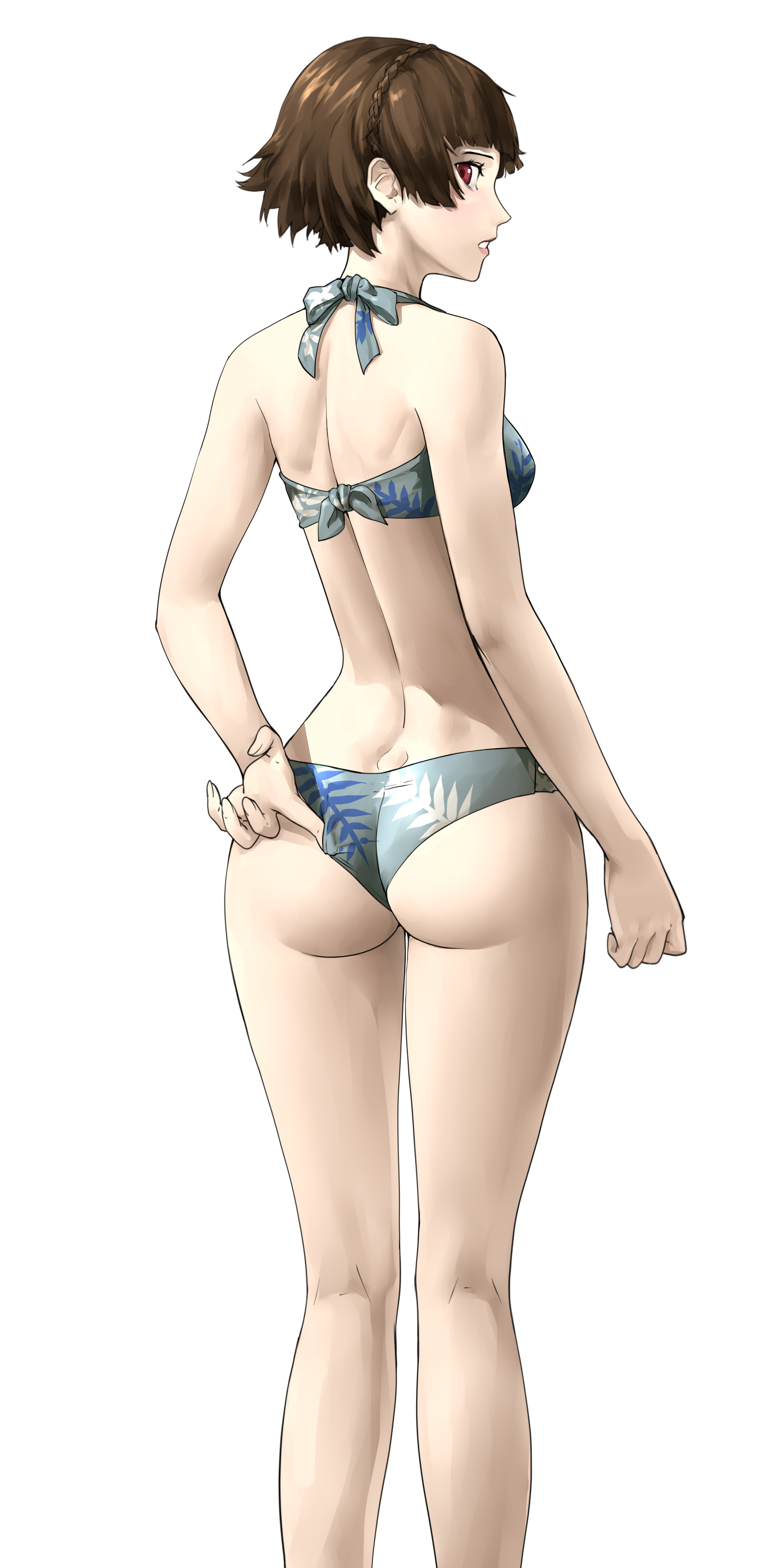 1girls, adjusting clothes, ass, atlus, back, back view, bikini, brown hair, female, female focus, female only, light skin, light-skinned female, looking back, makoto niijima, makoto niijima (swimsuit strikers), ozkh, persona, persona 5, short hair, solo, solo female, standing, swimsuit, white background